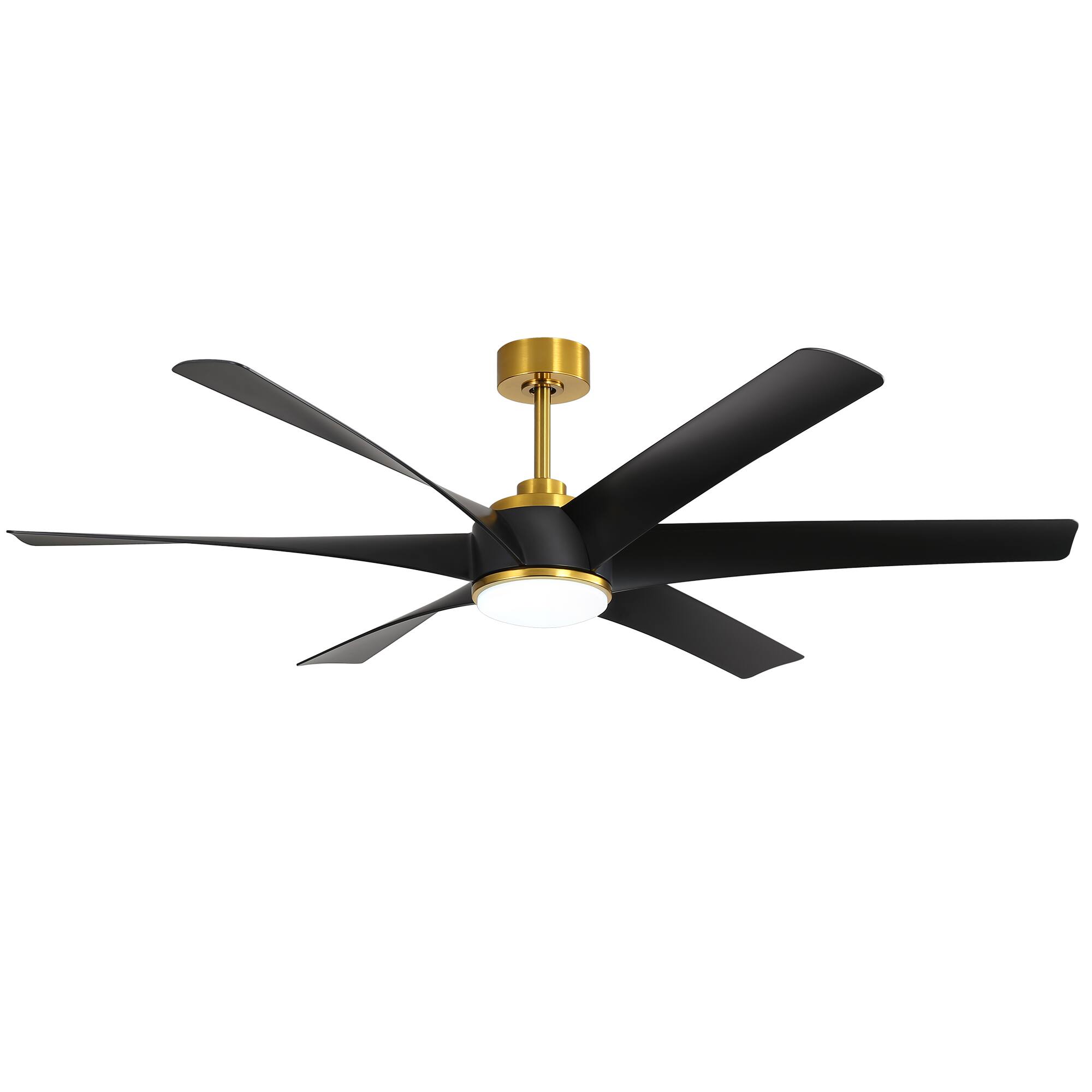 Angle. Breezary - 65" Large Indoor Ceiling Fan with Remote Control, 6 ABS Blades, 6-Speed DC Motor, 7"/12" Downrods, Light/No Light Option - Gold and Black (With Light).