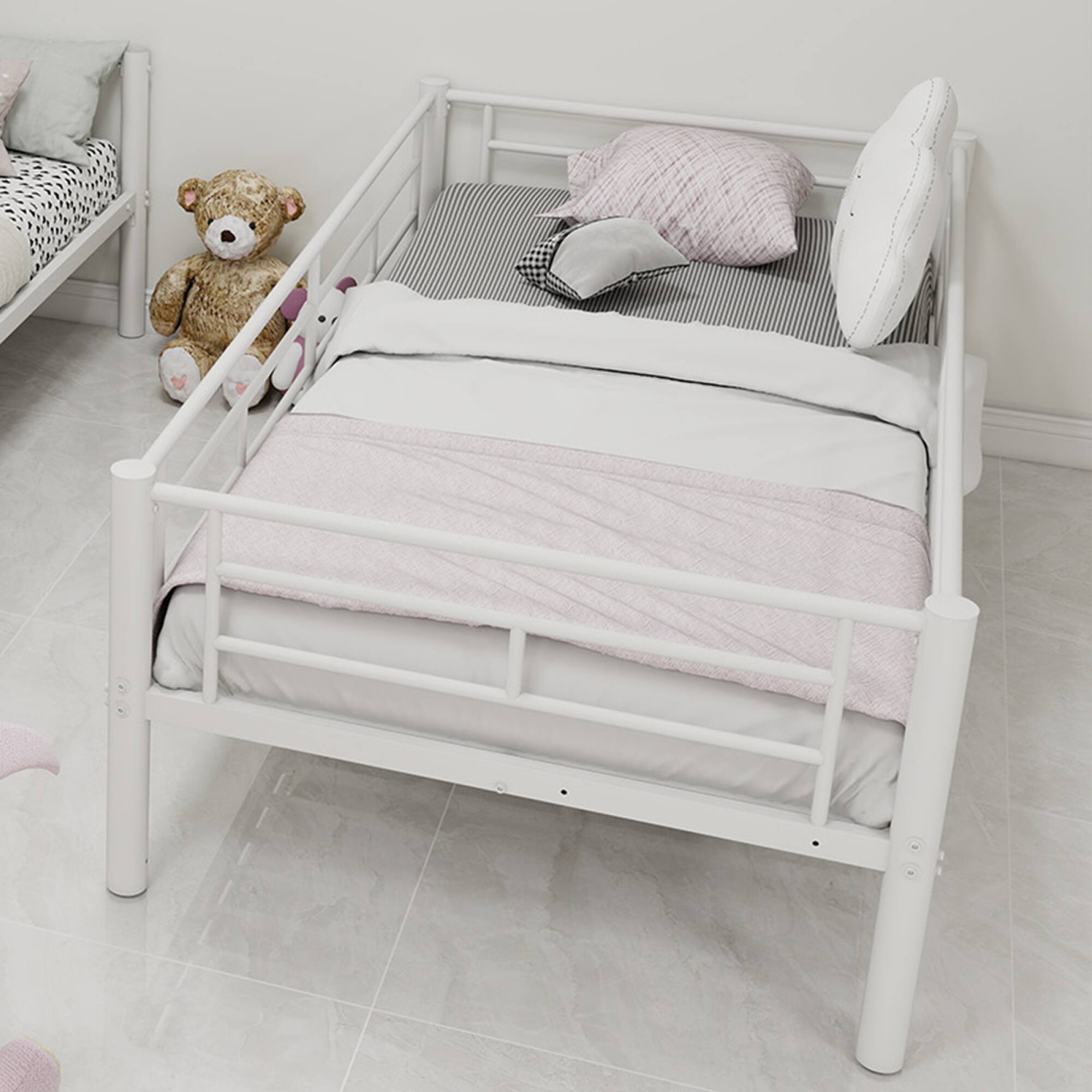 Angle. GOODSILO - Twin Over Twin Metal Bunk Bed Frame with Ladder and Guardrail for Kids, Convertible to Two Separate Beds - White.