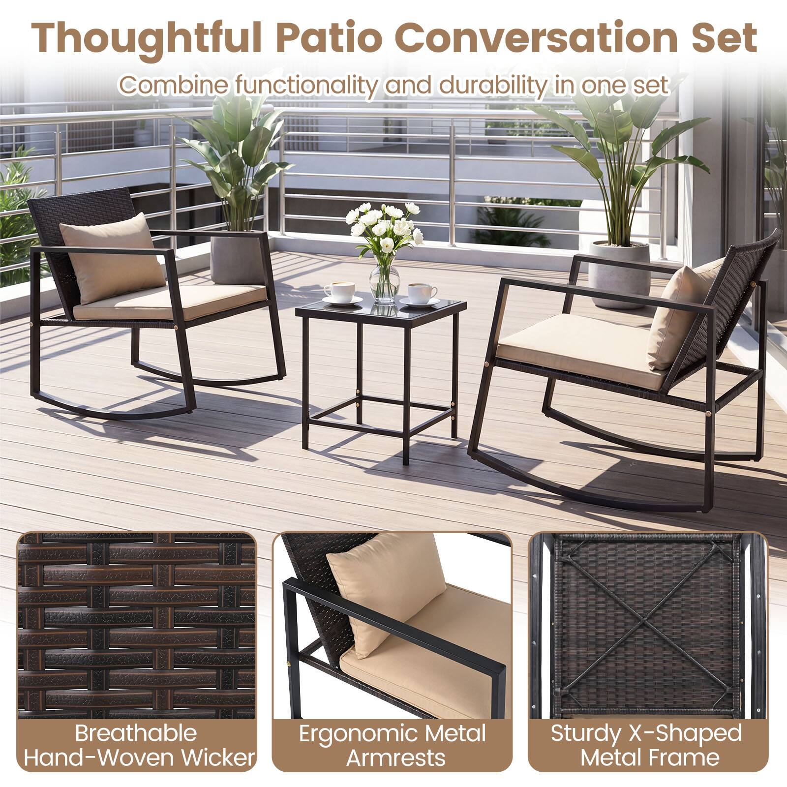 Thoughtful Patio Conversation Set  
Combine functionality and durability in one set  

Breathable Hand-Woven Wicker  
Ergonomic Metal Armrests  
Sturdy X-Shaped Metal Frame