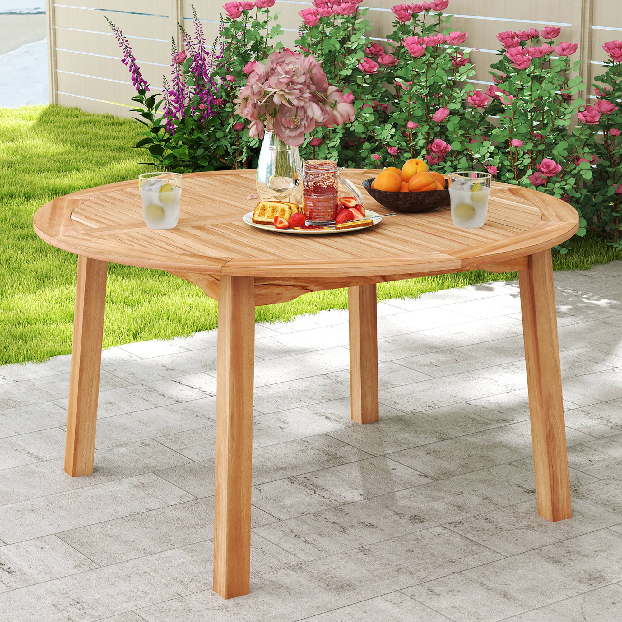 Alt View 1. Gymax - Gymax Round Patio Dining Table Acacia Wood Outdoor Dining Table w/ 2'' Umbrella Hole - Natural.