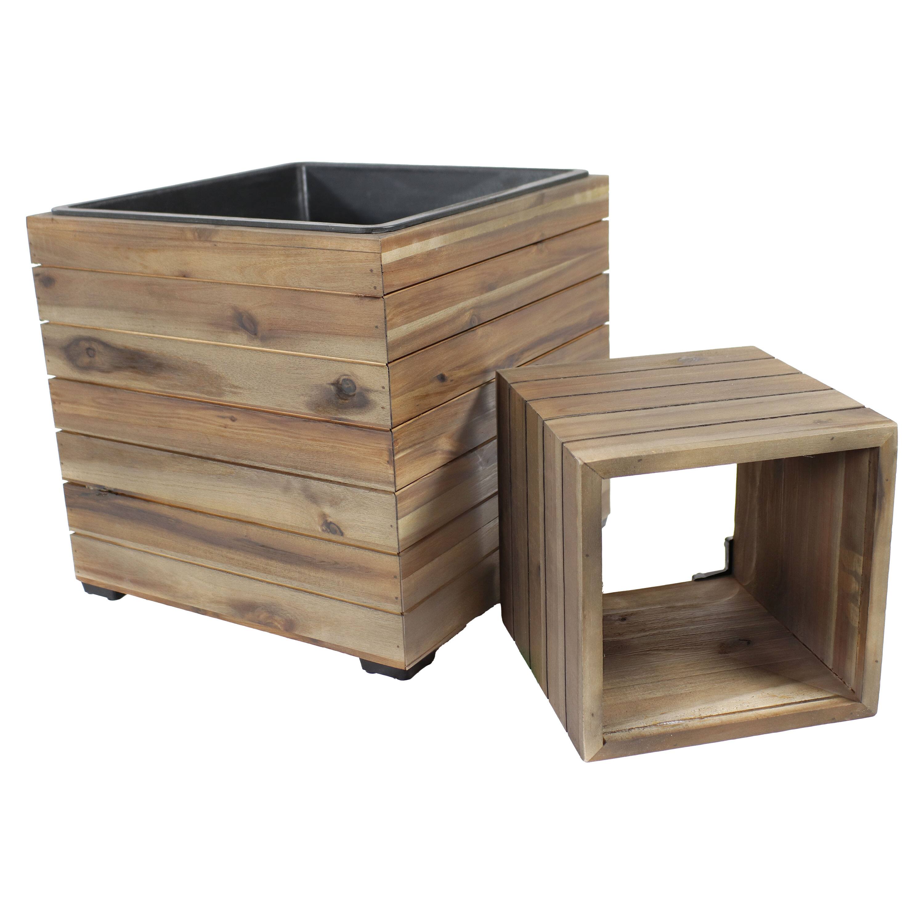Alt View 5. Sunnydaze - 2-Piece Square Wood Planter Box with Liner - Anthracite Stain.