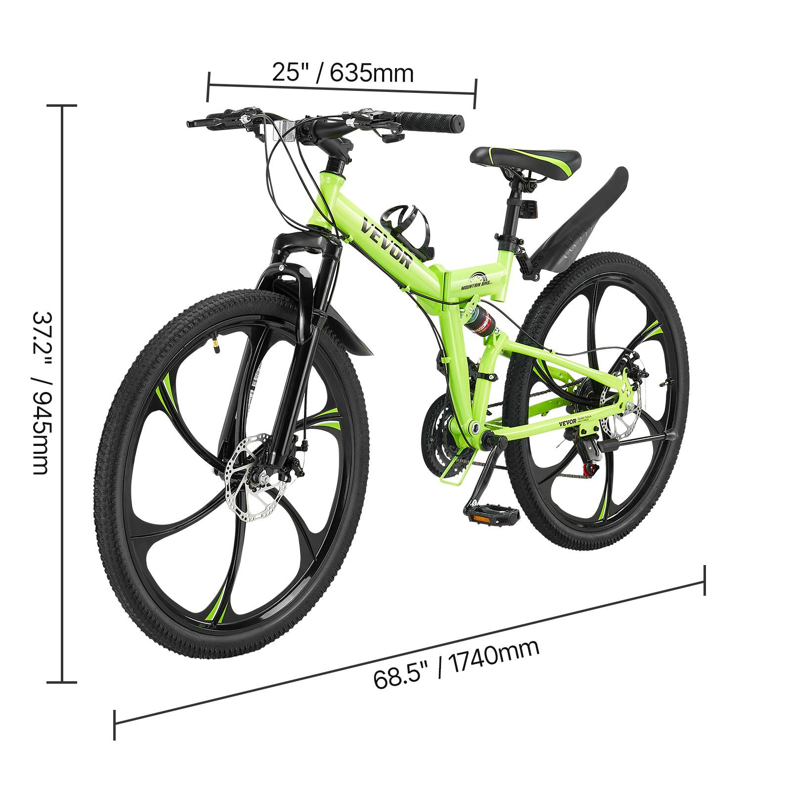 25" / 635mm, 37.2" / 945mm, 68.5" / 1740mm