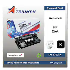 TRIUMPH Standard Yield
TRIUMPH 100 REMANUFACTURED TONER
Intomance Egugement Drignad
SourceAmerica - Center - tri
Replaces: HP 26A
Approx. Yield: 3.1K
SourceAmerica SKL-CF226A
100% Performance Guarantee
TAA Compliant