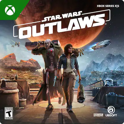 The image is advertising a video game called Star Wars: Outlaws. The game is developed by Ubisoft and is part of the Xbox Series X. - T (Teen 13+)