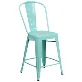 Emma + Oliver - Commercial Grade 24"H Metal Indoor-Outdoor Counter Stool w/ Drain Holes and Back - Mint Green