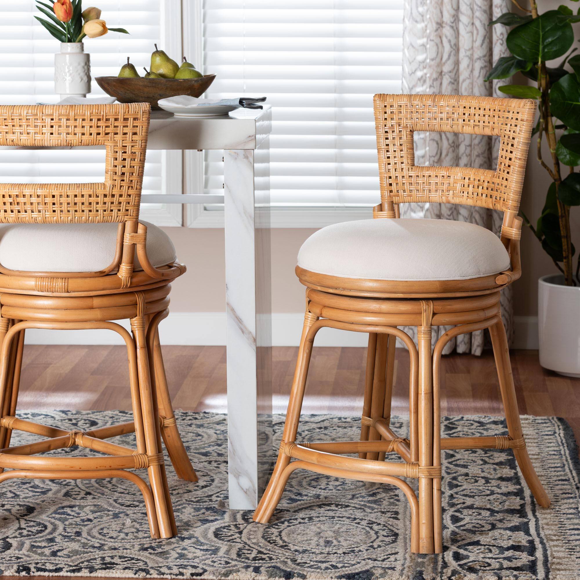 Alt View 4. bali & pari - bali & pari Amina Natural Rattan Counter Stool - Handwoven Wicker Stool with Swivel Seat and Upholstered Cushion - Light Honey.