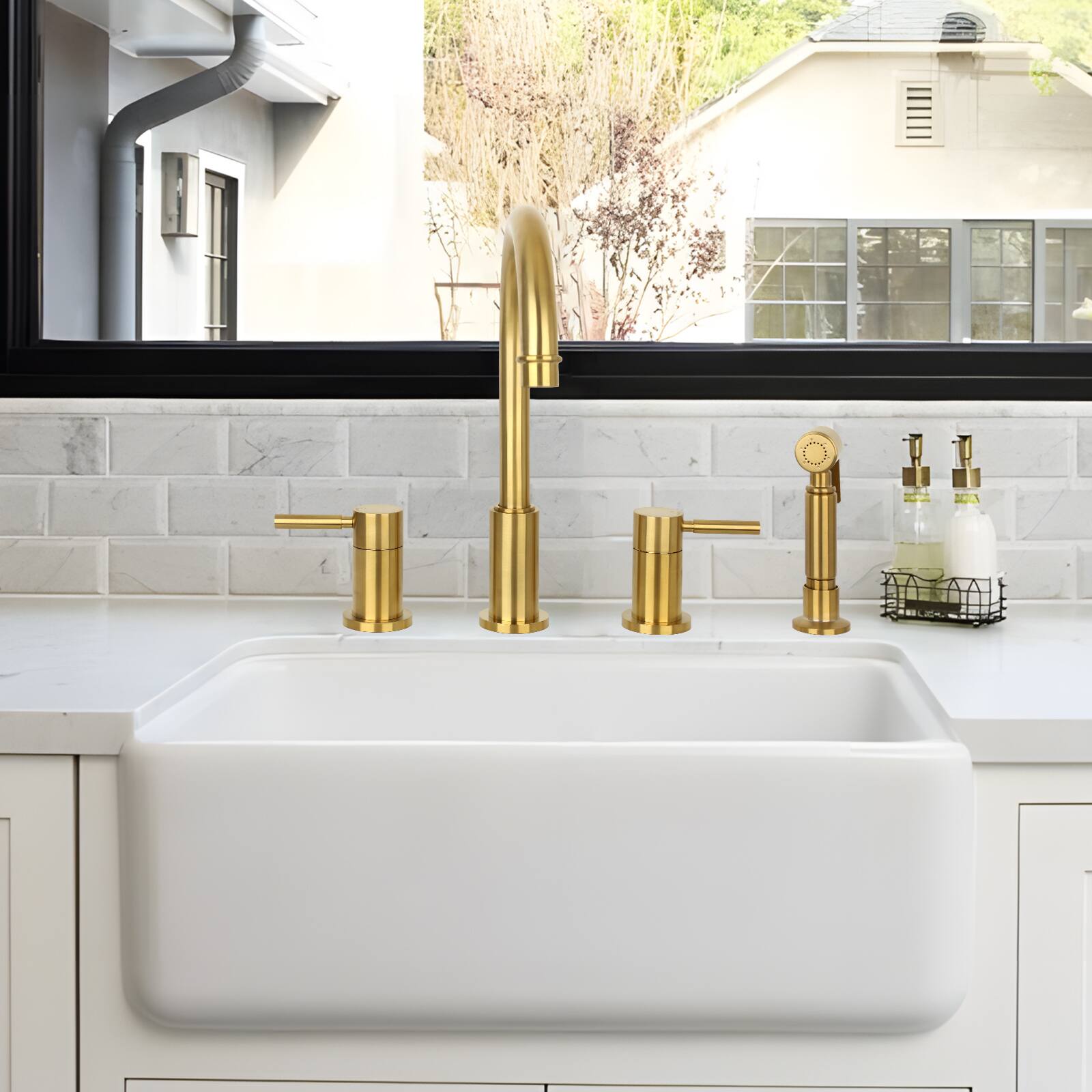 Alt View 5. Akicon - Akicon Solid Brass Double-Handle 360° Swivel Widespread Kitchen Faucet with Side Sprayer in Brushed Gold - Brushed Gold.