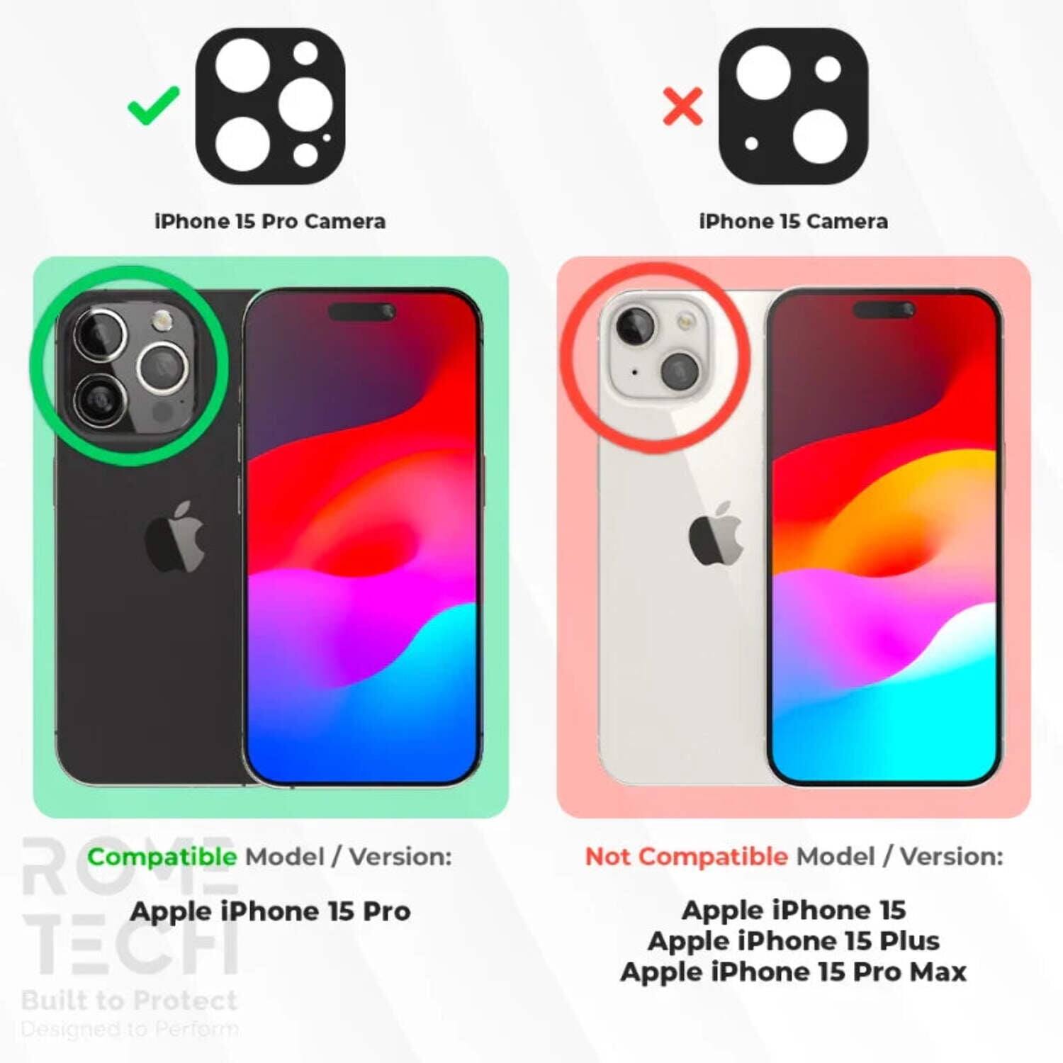 iPhone 15 Pro Camera  
iPhone 15 Camera  

Compatible Model / Version:  
Apple iPhone 15 Pro  

Not Compatible Model / Version:  
Apple iPhone 15  
Apple iPhone 15 Plus  
Apple iPhone 15 Pro Max