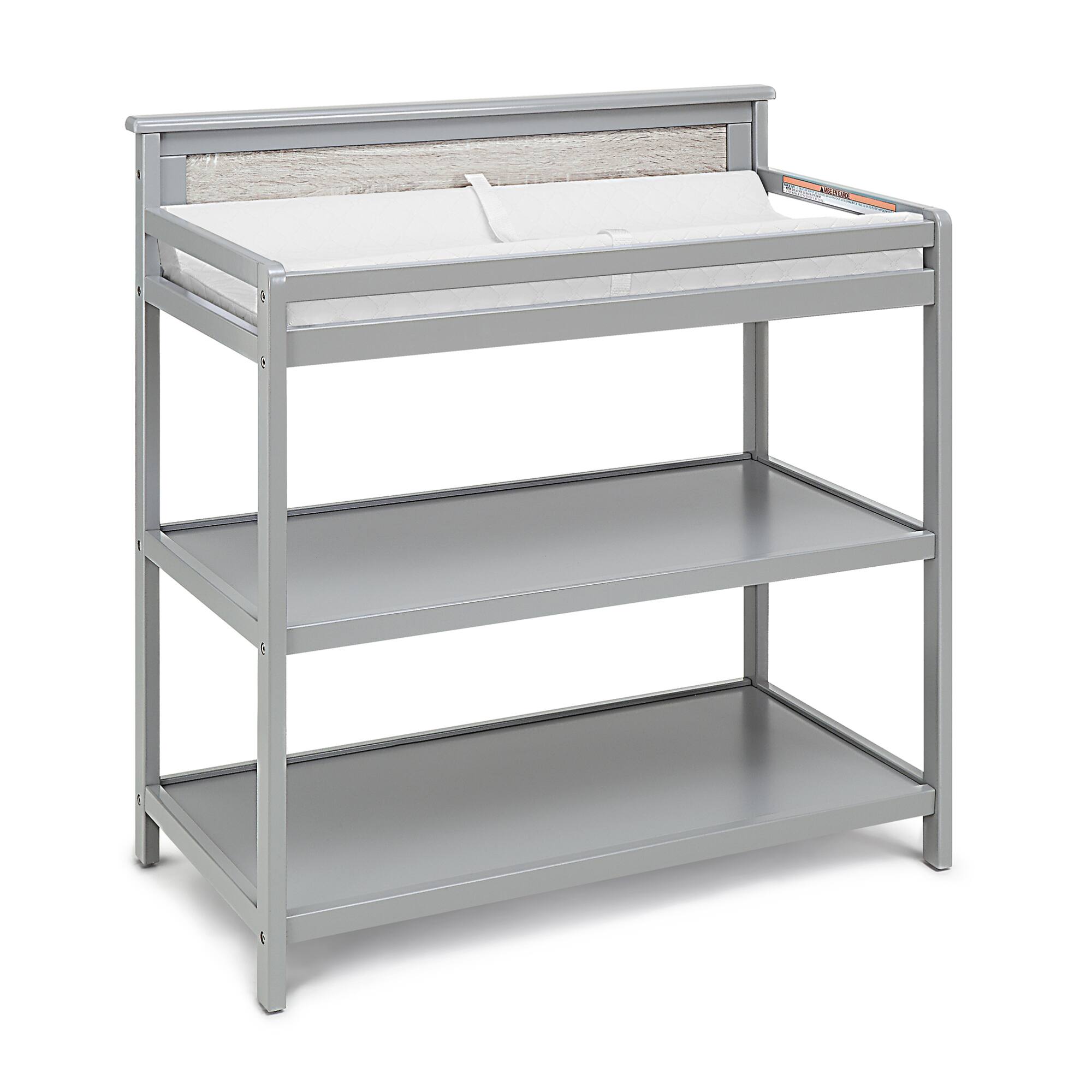 Left. GOODSILO - Modern Wooden Baby Changing Table with Safety Rails and Dual Storage Shelves for Nursery Organization - Grey.