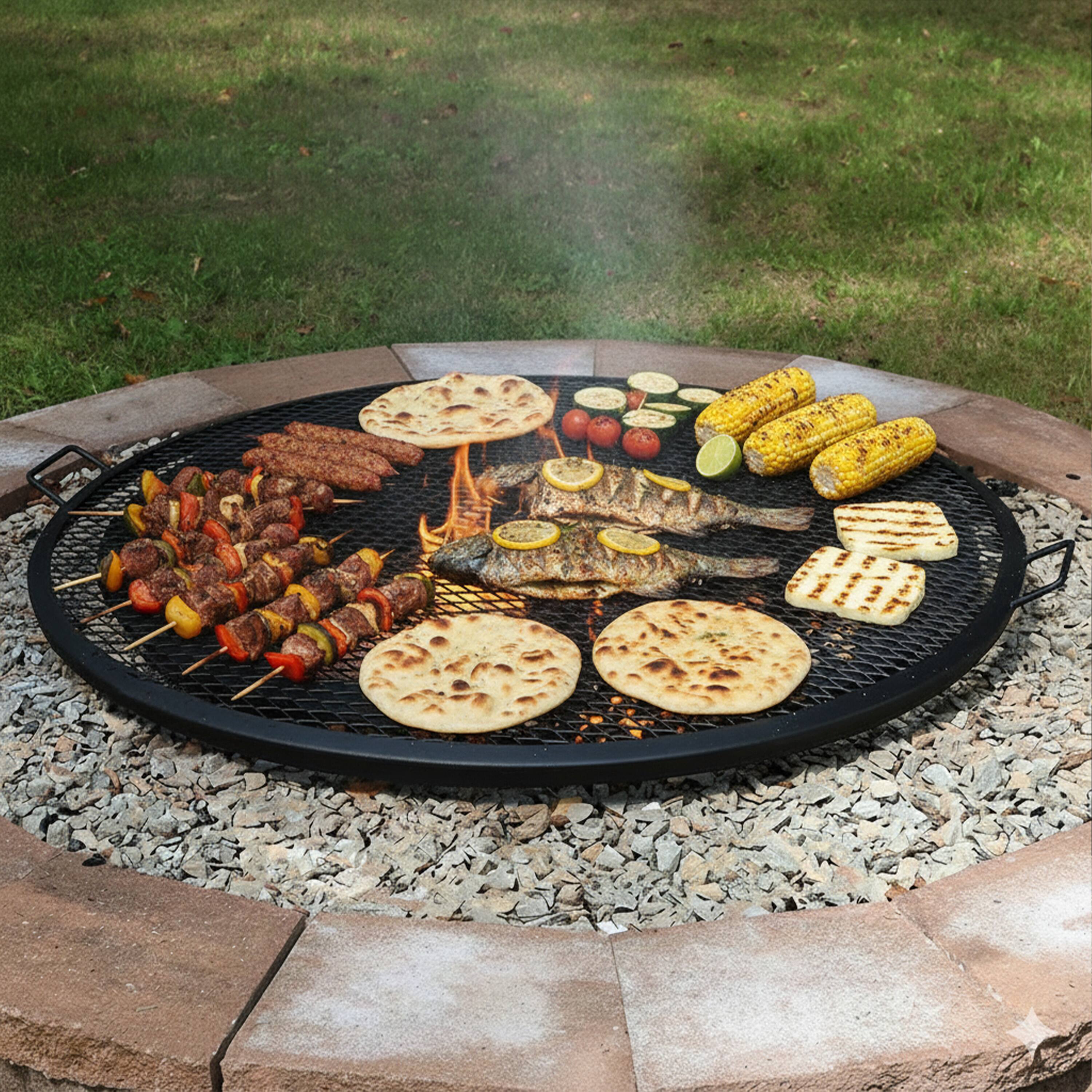 Alt View 9. Sunnydaze - 22 in Round Steel X-Mark Fire Pit Cooking Grill with Handles - Black.