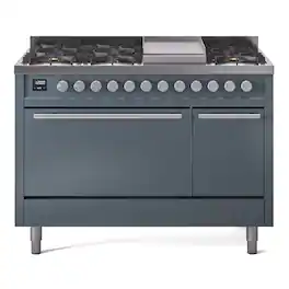 ILVE - Professional Plus II Series 48 in. Dual Fuel Range with 8 Sealed Burners + Griddle (Natural Gas, Satin Trim) - Blue Grey