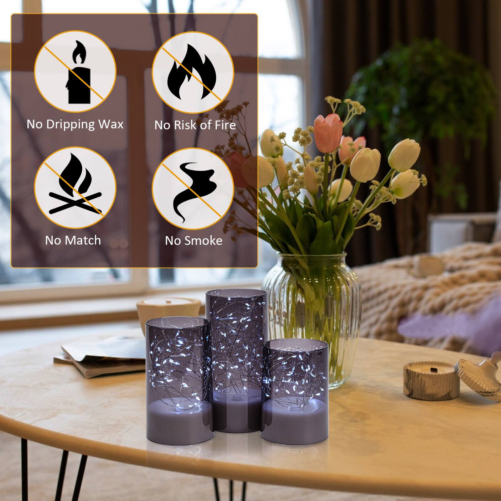 No Dripping Wax, No Risk of Fire, No Match, No Smoke