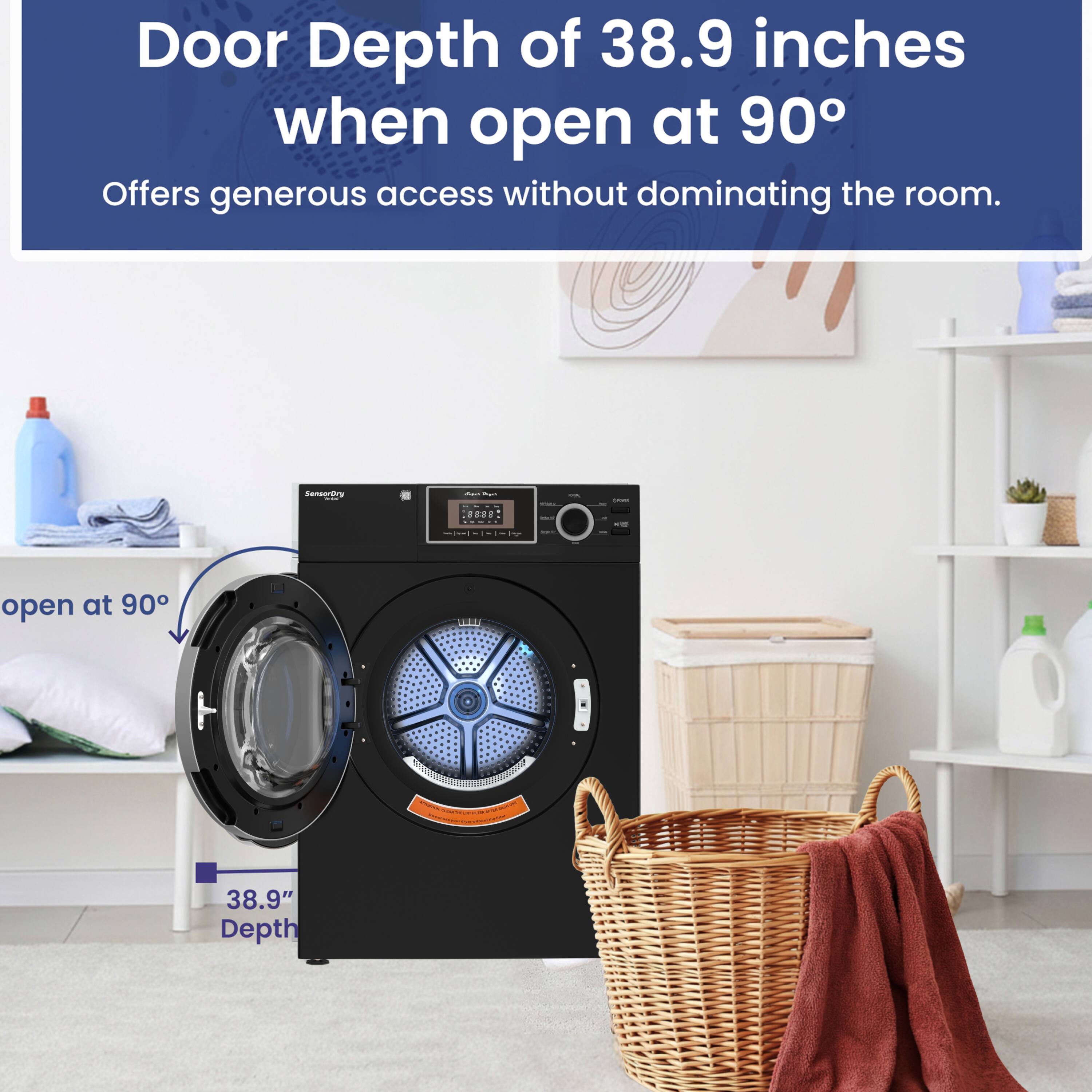 Door Depth of 38.9 inches when open at 90°  
Offers generous access without dominating the room.