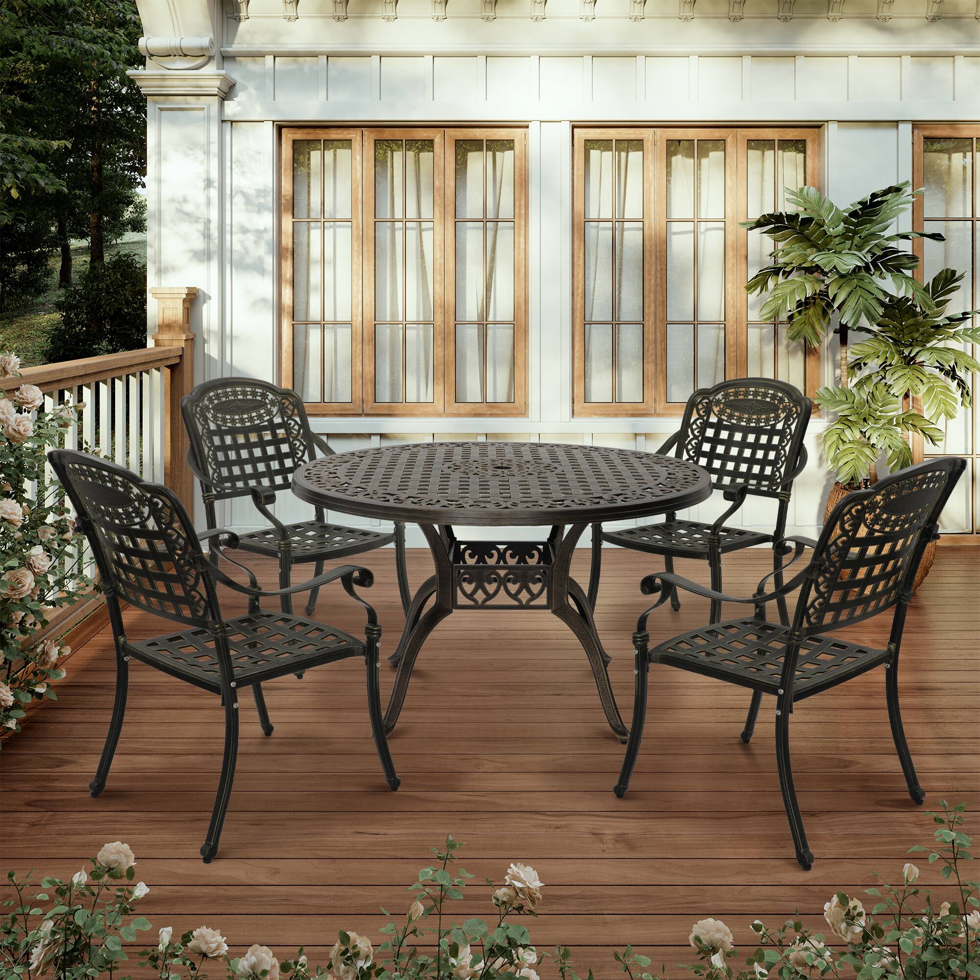 Left. Mondawe - 5-Piece Cast Aluminum Dining Set with Round Table and 4 Chairs - Bronze.