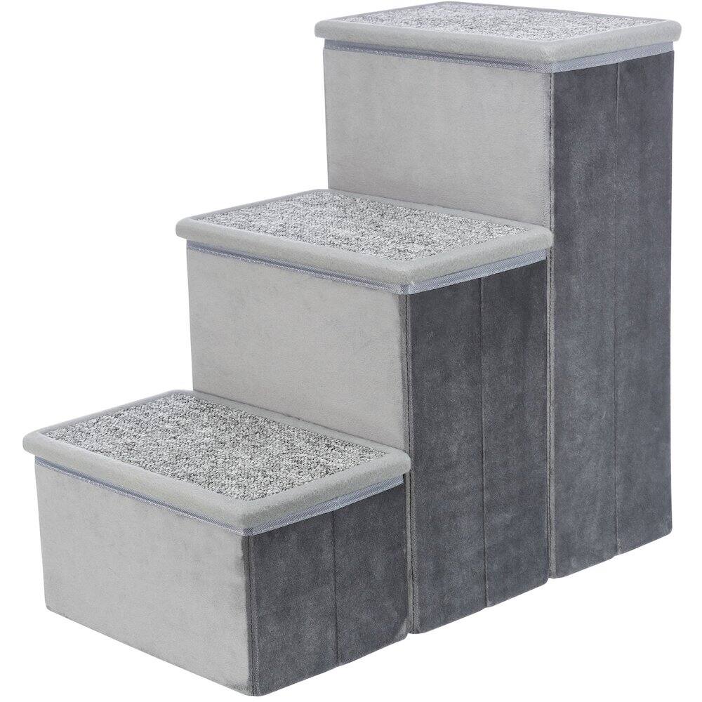 Front. TRIXIE - 3-Step Foldable Velour Pet Stairs with Storage, Gray - Gray.