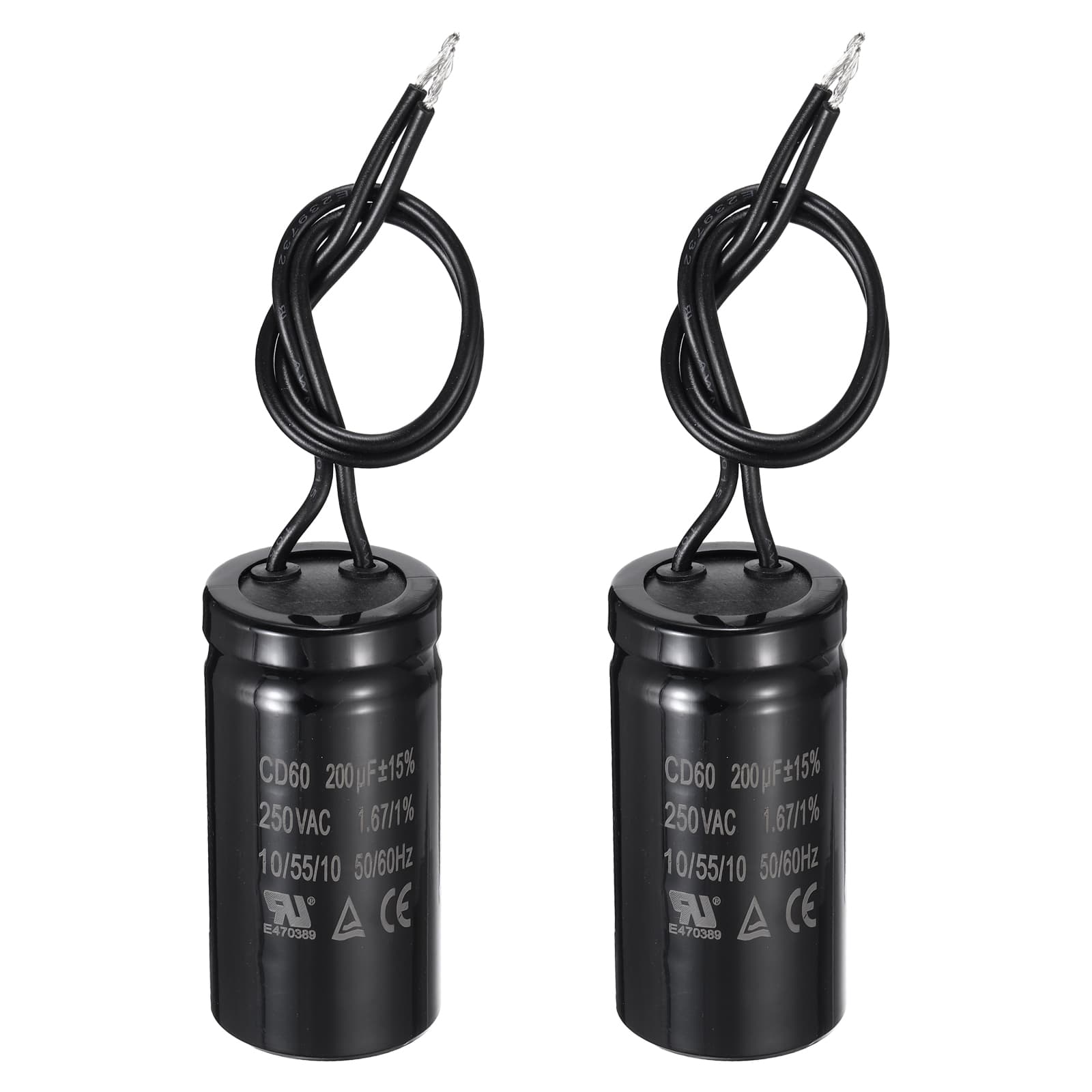 Unique Bargains - 2pcs CD60 Run Capacitor, 200uF 250VAC 50/60Hz 2 Wires CD60 Motor Starting Capacitor for Washing Machine - Black
