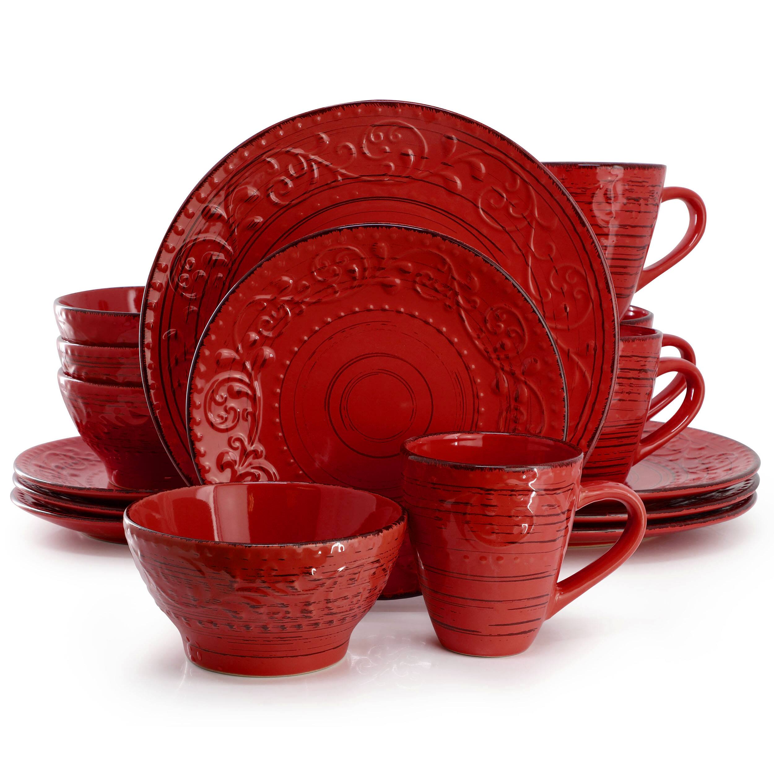 Elama - Malibu Ocean Bloom 16-Piece Dinnerware Set - Red