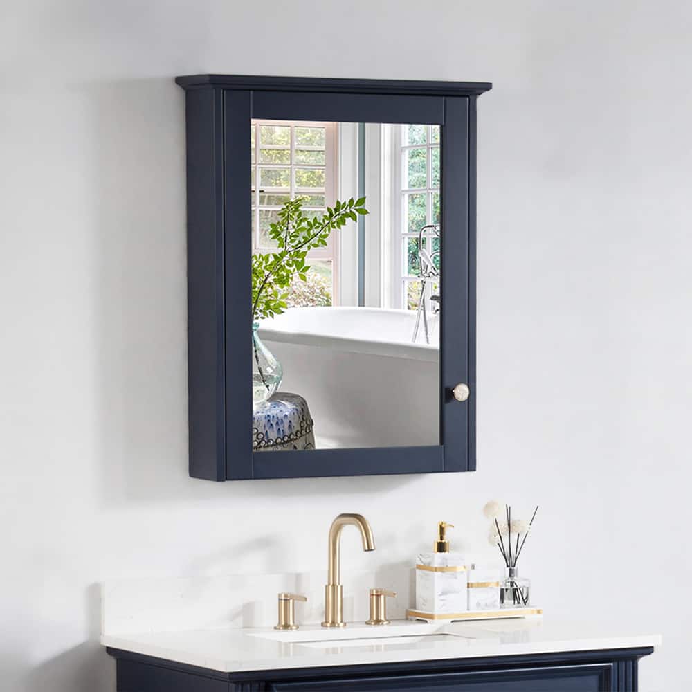 WELLFOR - 24 in. W x 30 in. H Rectangular Solid Wood Frame Surface Mount Medicine Cabinet with Mirror and Soft Close Door - Navy Blue price history on PriceWatchPro