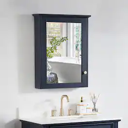 WELLFOR - 24 in. W x 30 in. H Rectangular Solid Wood Frame Surface Mount Medicine Cabinet with Mirror and Soft Close Door - Navy Blue