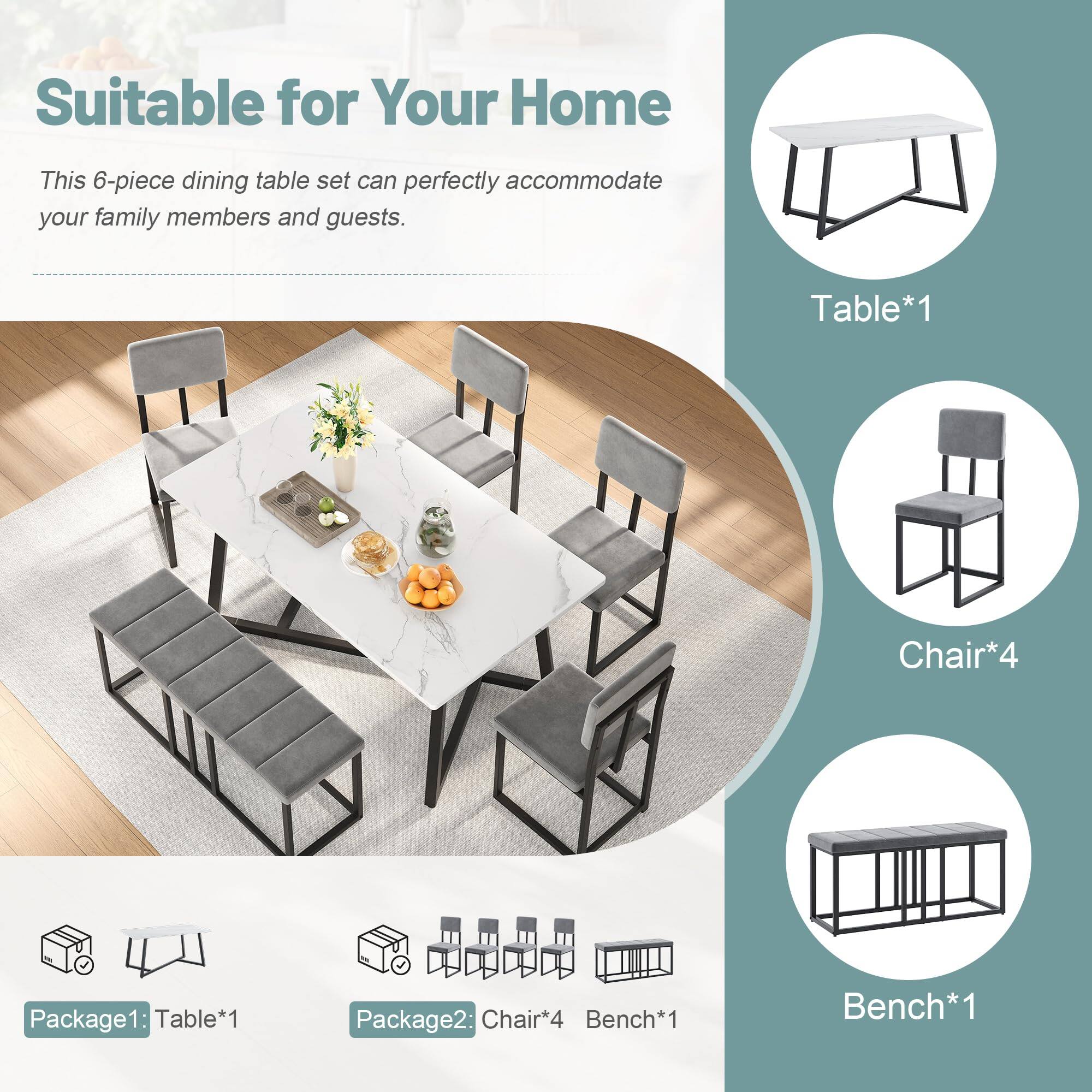 Suitable for Your Home

This 6-piece dining table set can perfectly accommodate your family members and guests.

Package1: Table*1

Package2: Chair*4 Bench*1