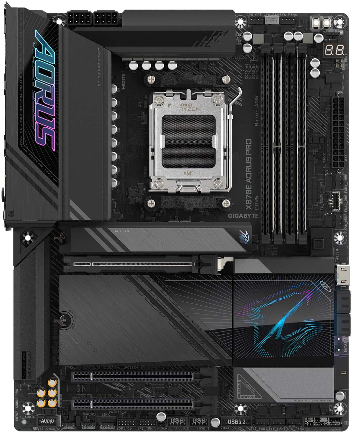 Aorus is the team that designed this computer. The CPU is a Ryzen AM5, and it is compatible with the Socket AM5. The computer has 8 gigabytes of RAM, and it is equipped with a Gigabyte STS FAN4 8.8 5 T 20G FUSC PUNP CNY ASSEM CATAZ PC1EX4 PRO AORUS XB70 F AUDIO AUDIO REV:1 UARDE SN 381 AR08\_72\_1 LE2 SP PM USB: USB: 22L PUAH U PURITS USB3 FUJA FANZ AUUU CRICHTES.