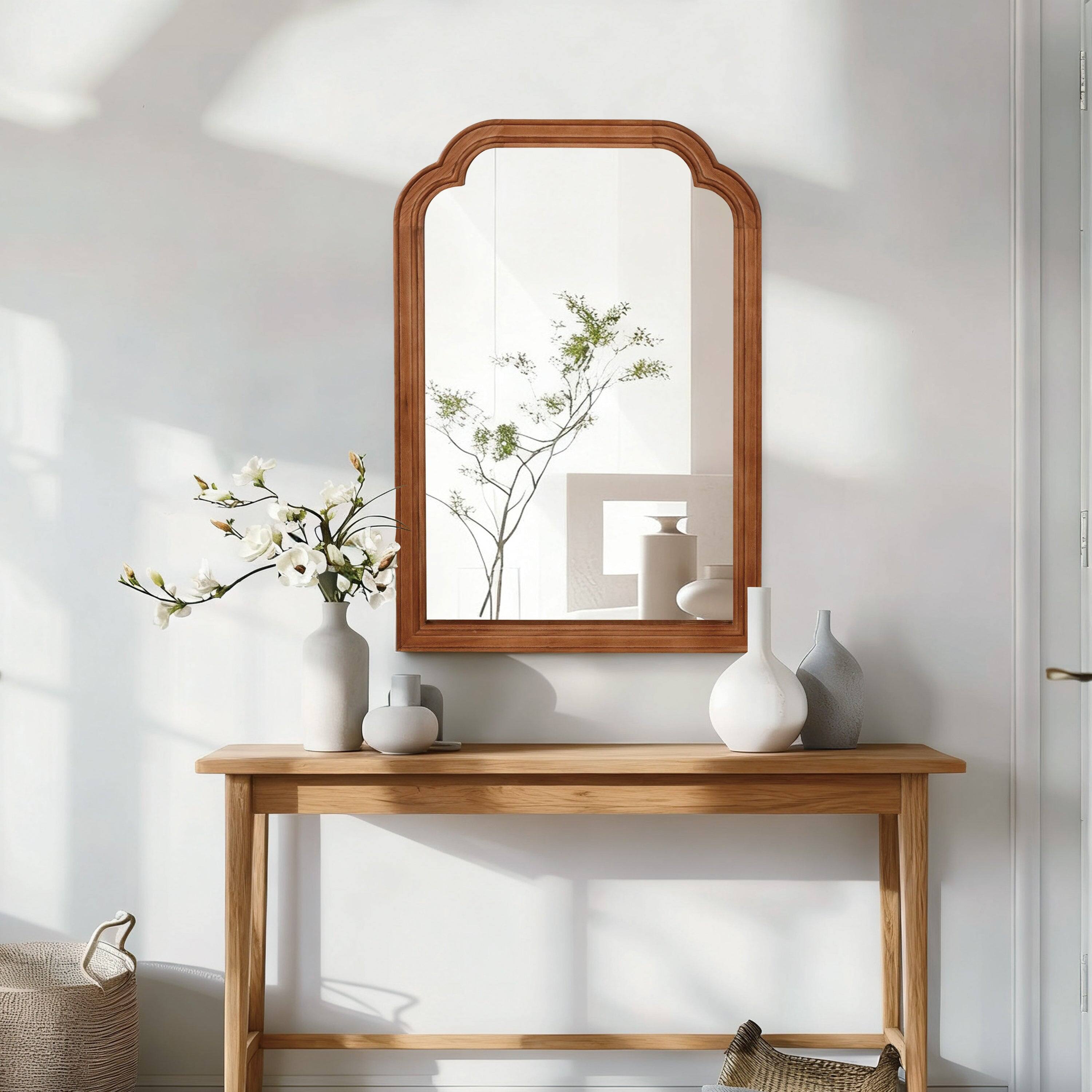 Front. BreeBe - 20x30 Yellowish Brown Solid Wood Rounded Corner Decorative Mirror for Bedroom Bathroom Living Room Entryway - Yellow Brown.