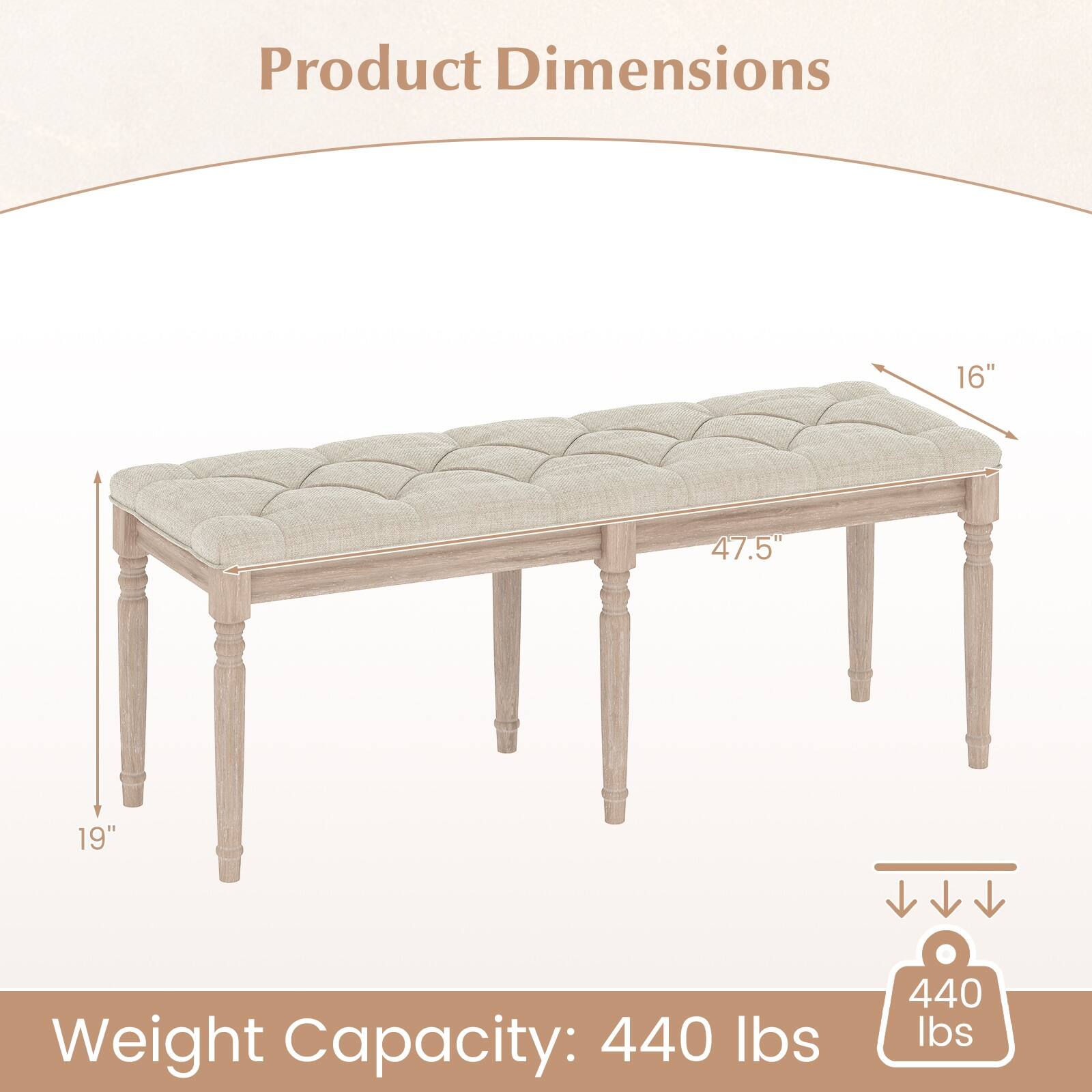 Product Dimensions:  
16" x 47.5" x 19"  

Weight Capacity: 440 lbs