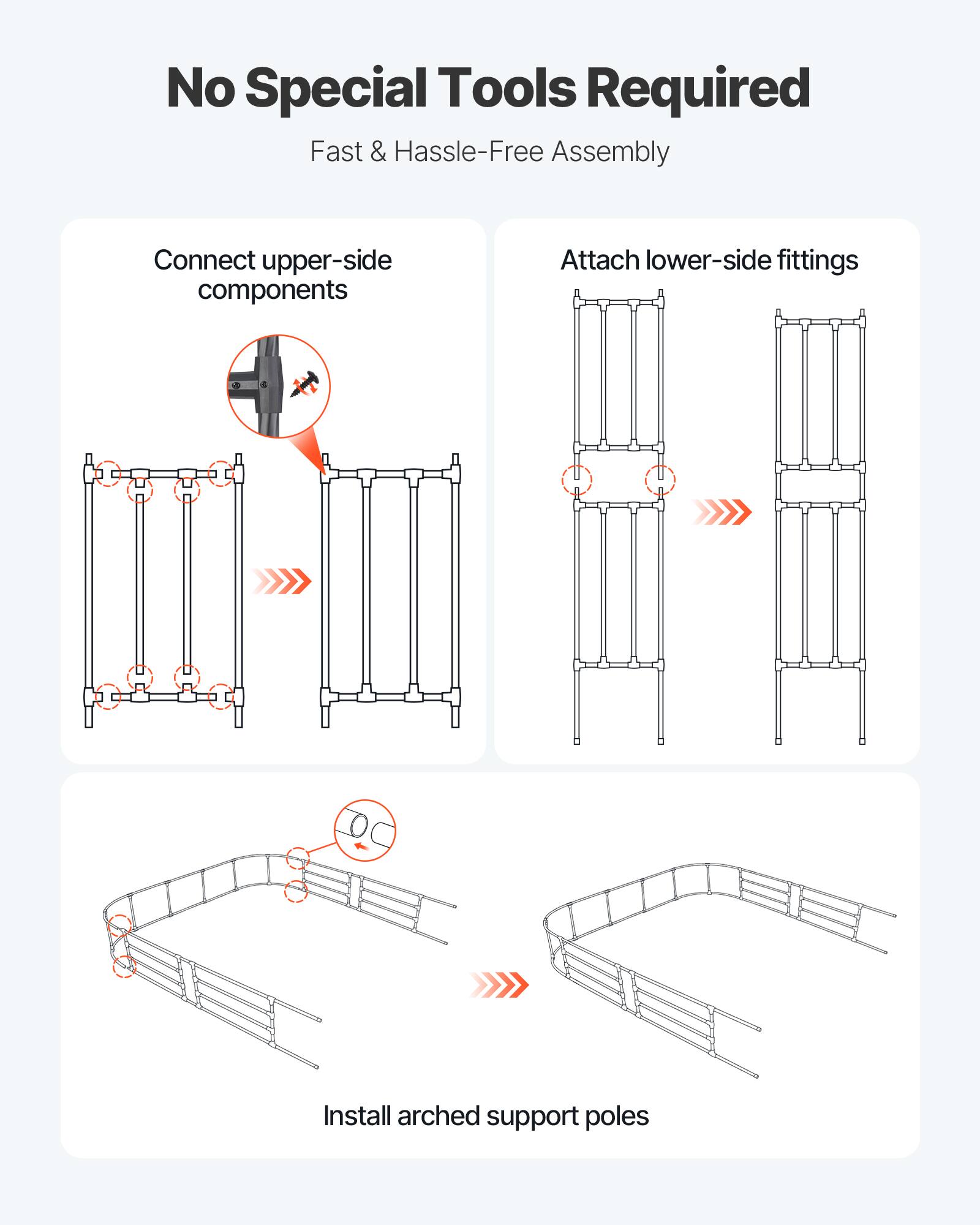 No Special Tools Required  
Fast & Hassle-Free Assembly  

1. Connect upper-side components  
2. Attach lower-side fittings  
3. Install arched support poles