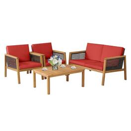 Kadyn - 4 Pieces Patio Rattan Furniture Set, Outdoor Furniture Garden Conversation Sets with Removable Cushions-Turquoise - Red