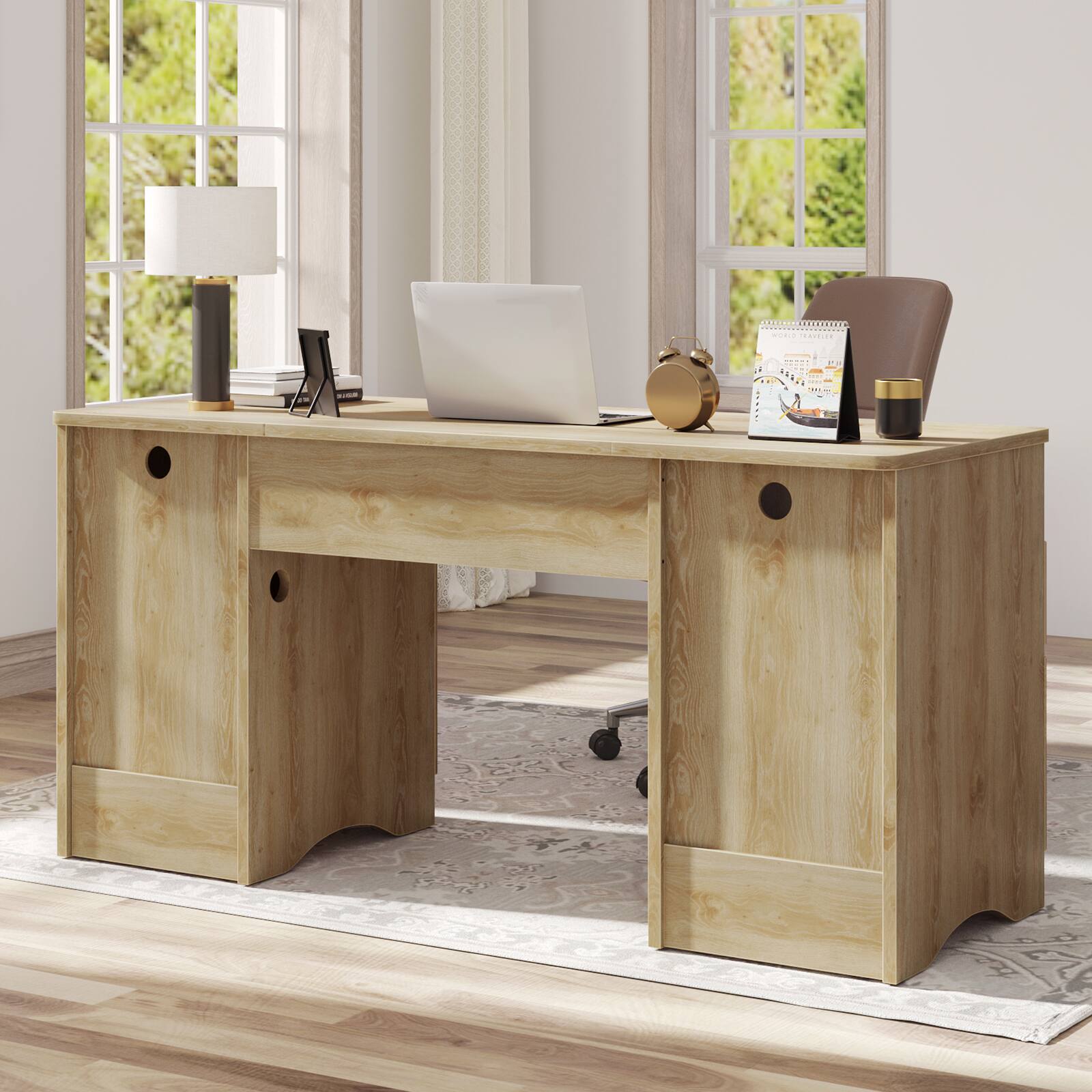 Alt View 1. Bestier - 59 inch Fluted Executive Office Desk with 2 Drawers and Storage Cabinet Modern Home Office Desk with Cable Management - Natual Oak.