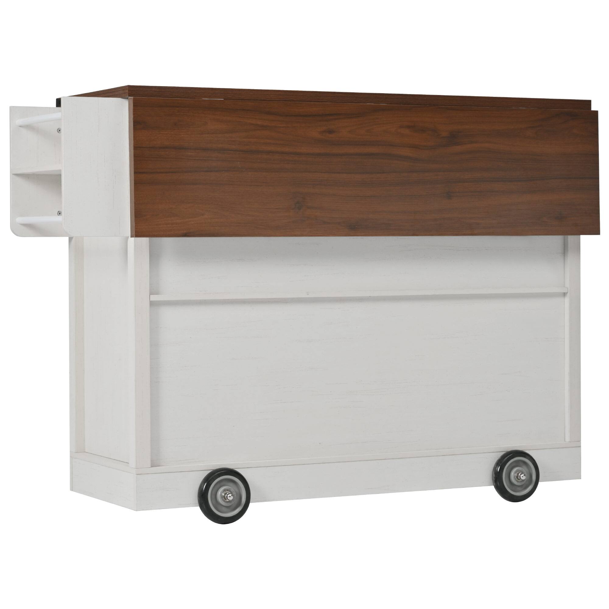 Alt View 6. PexFix - 54" Farmhouse Kitchen Island Cart with Built-in Power Outlet, Drop Leaf and Abundant Storage - White.