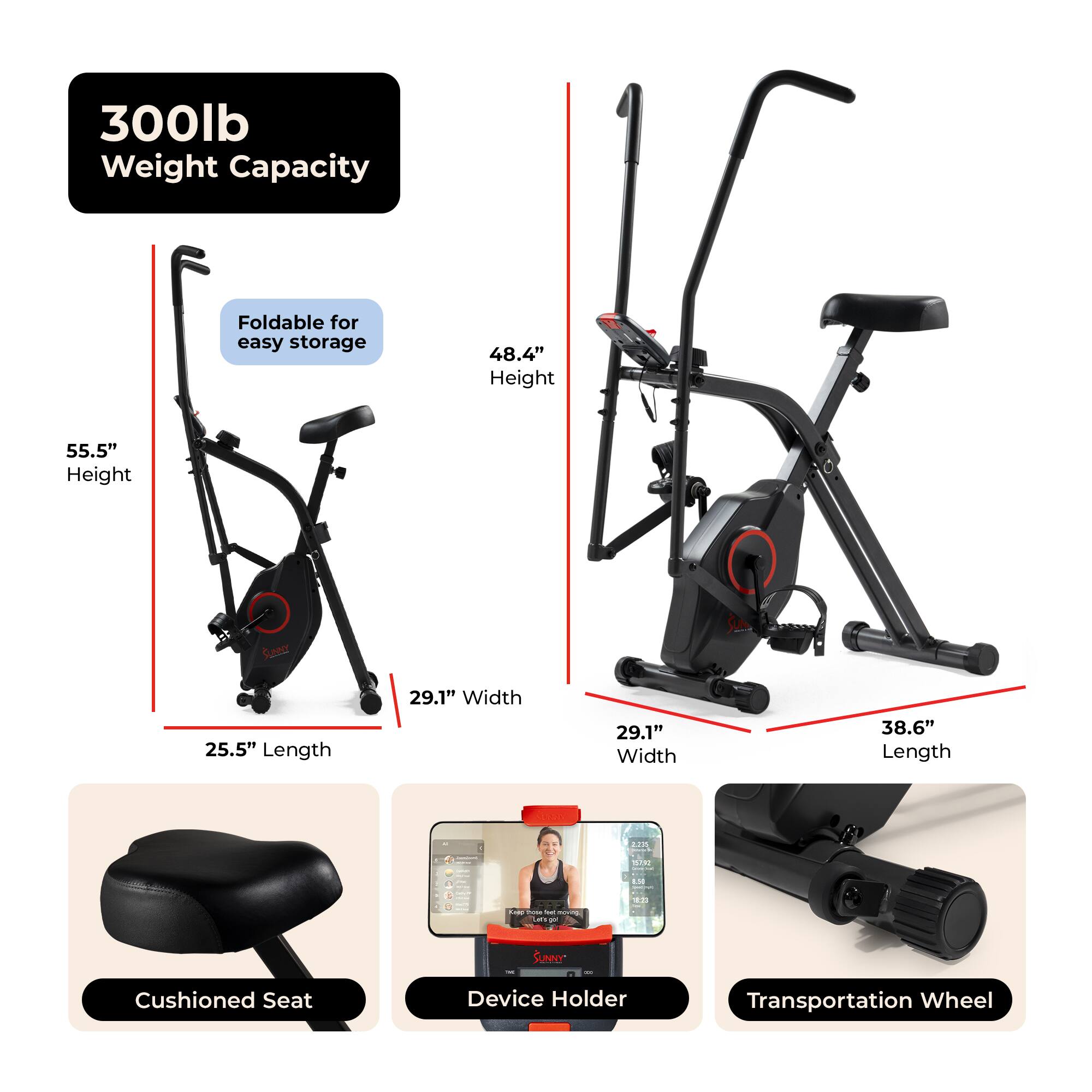 300lb Weight Capacity  
Foldable for easy storage  
48.4" Height  
55.5" Height  
25.5" Length  
29.1" Width  
38.6" Length  
Cushioned Seat  
Device Holder  
Transportation Wheel
