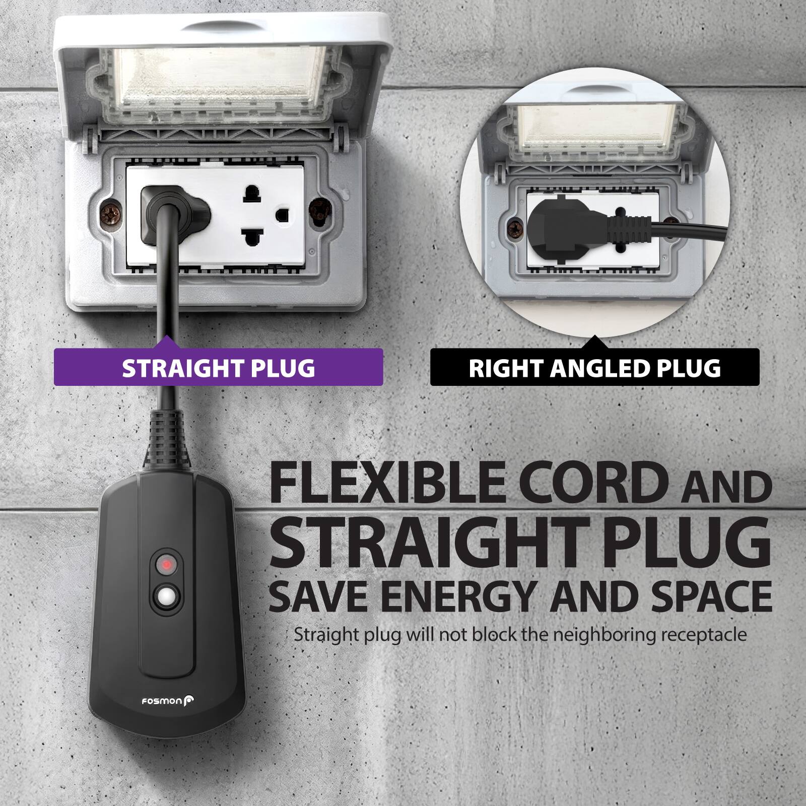 STRAIGHT PLUG  
RIGHT ANGLED PLUG  

FLEXIBLE CORD AND STRAIGHT PLUG  
SAVE ENERGY AND SPACE  

Straight plug will not block the neighboring receptacle  

FOSMON