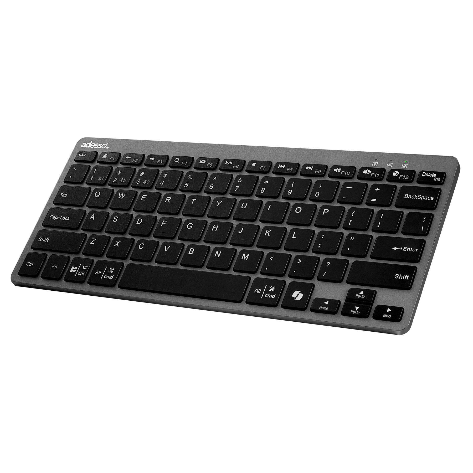 adesso.ec. The keyboard is black and white. The keys include letters, numbers, and function keys. The function keys are labeled F1 to F12. The keyboard also has a dedicated key for the Windows key and a key for the Alt key. The keyboard is designed for use with a computer.
