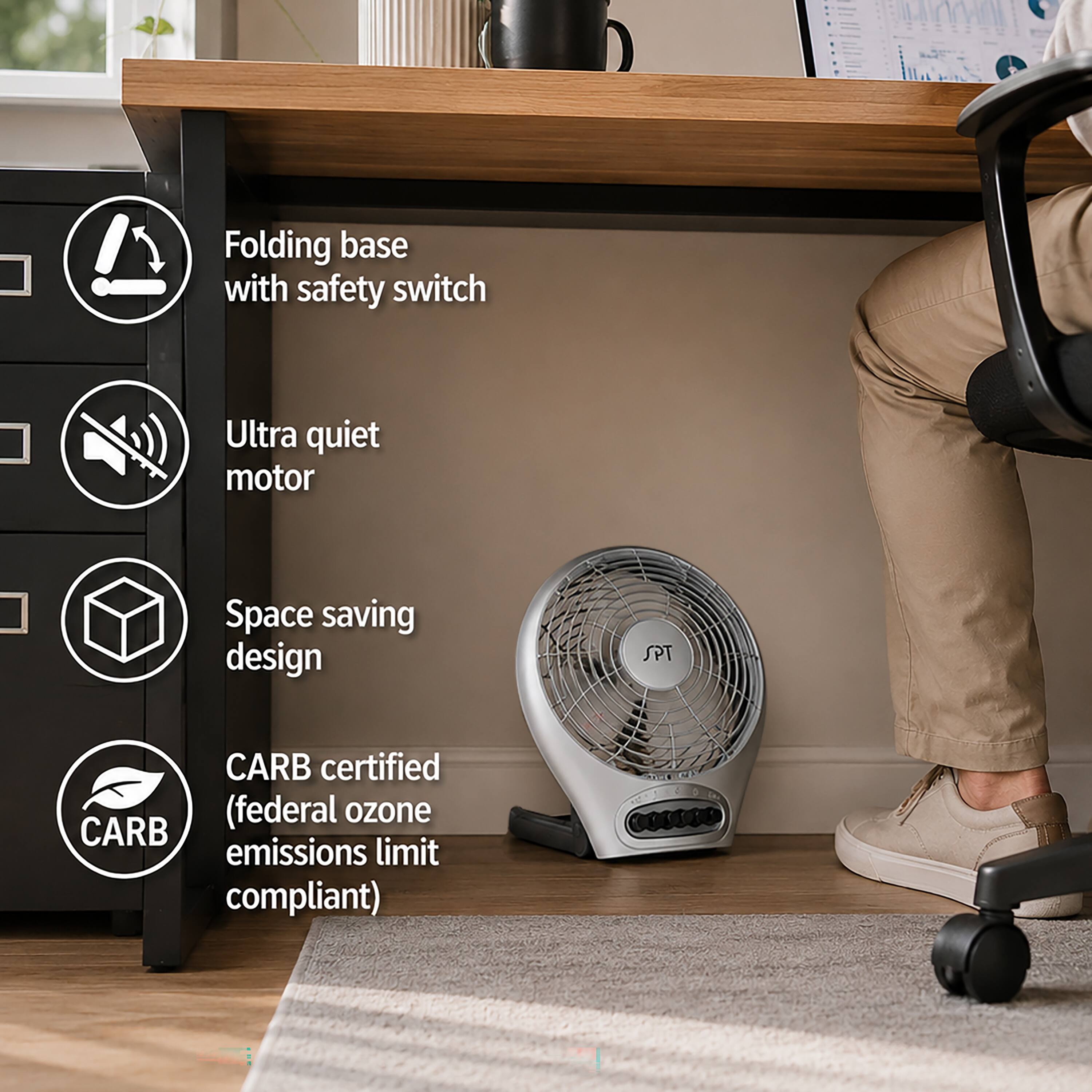 Folding base with safety switch  
Ultra quiet motor  
Space saving design  
SPT CARB certified (federal ozone CARB emissions limit compliant)