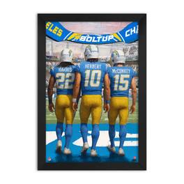 Sporticulture - Justin Herbert, Ladd McConkey & Najee Harris Los Angeles Chargers Framed Three-Player Art Print - Blue