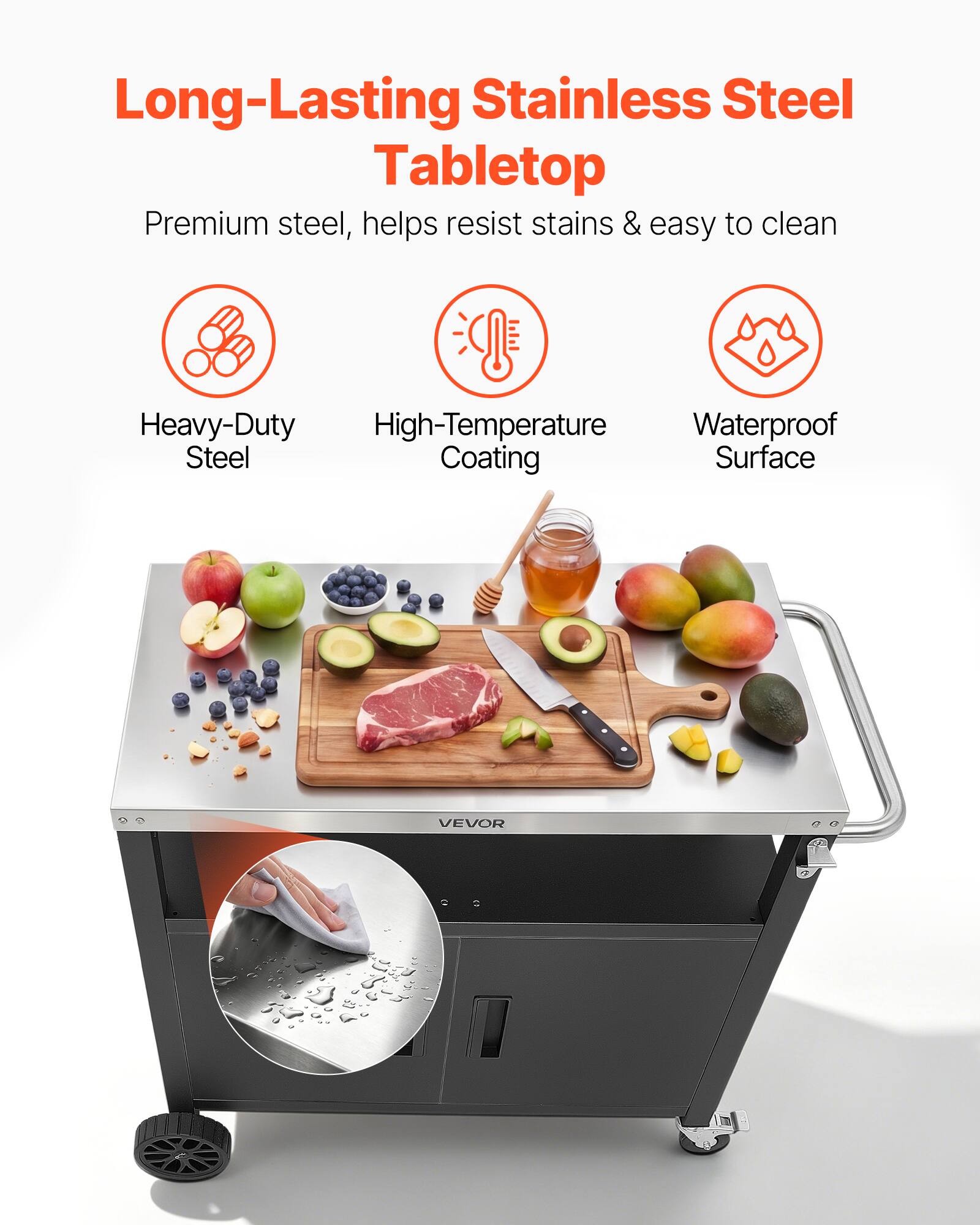 Long-Lasting Stainless Steel Tabletop

Premium steel, helps resist stains & easy to clean

Heavy-Duty Steel
High-Temperature Coating
Waterproof Surface

VEVOR
