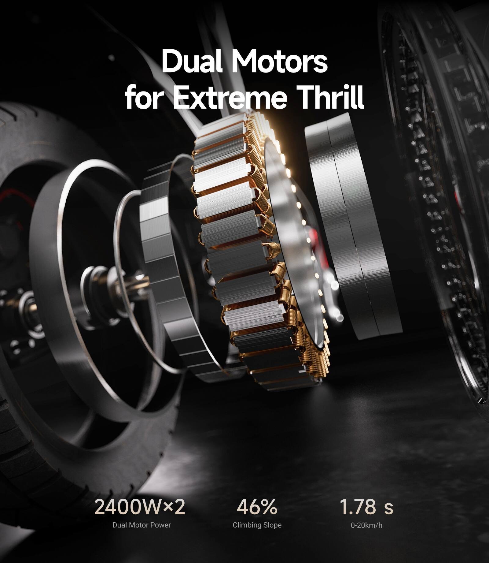 Dual Motors for Extreme Thrill

2400W x 2  
Dual Motor Power

46%  
Climbing Slope

1.78 s  
0-20 km/h