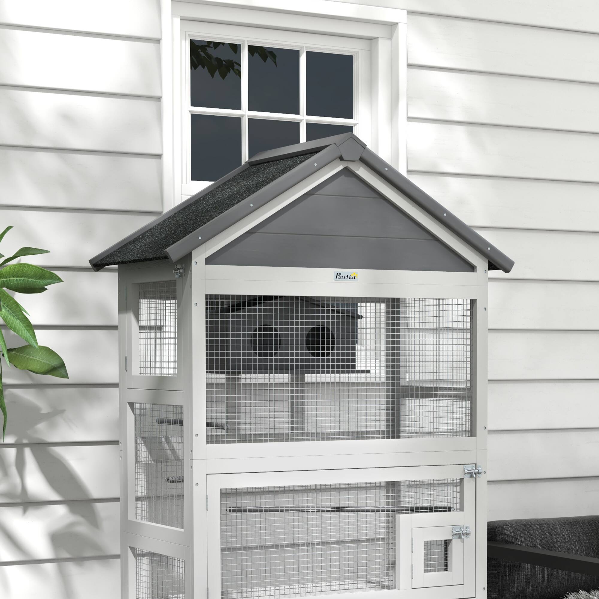 Alt View 5. Pawhut - Wooden Bird Aviary, 67" Outdoor Bird Cage with Slide-Out Tray, Three Doors, Birdhouse, Ladder, Perches.