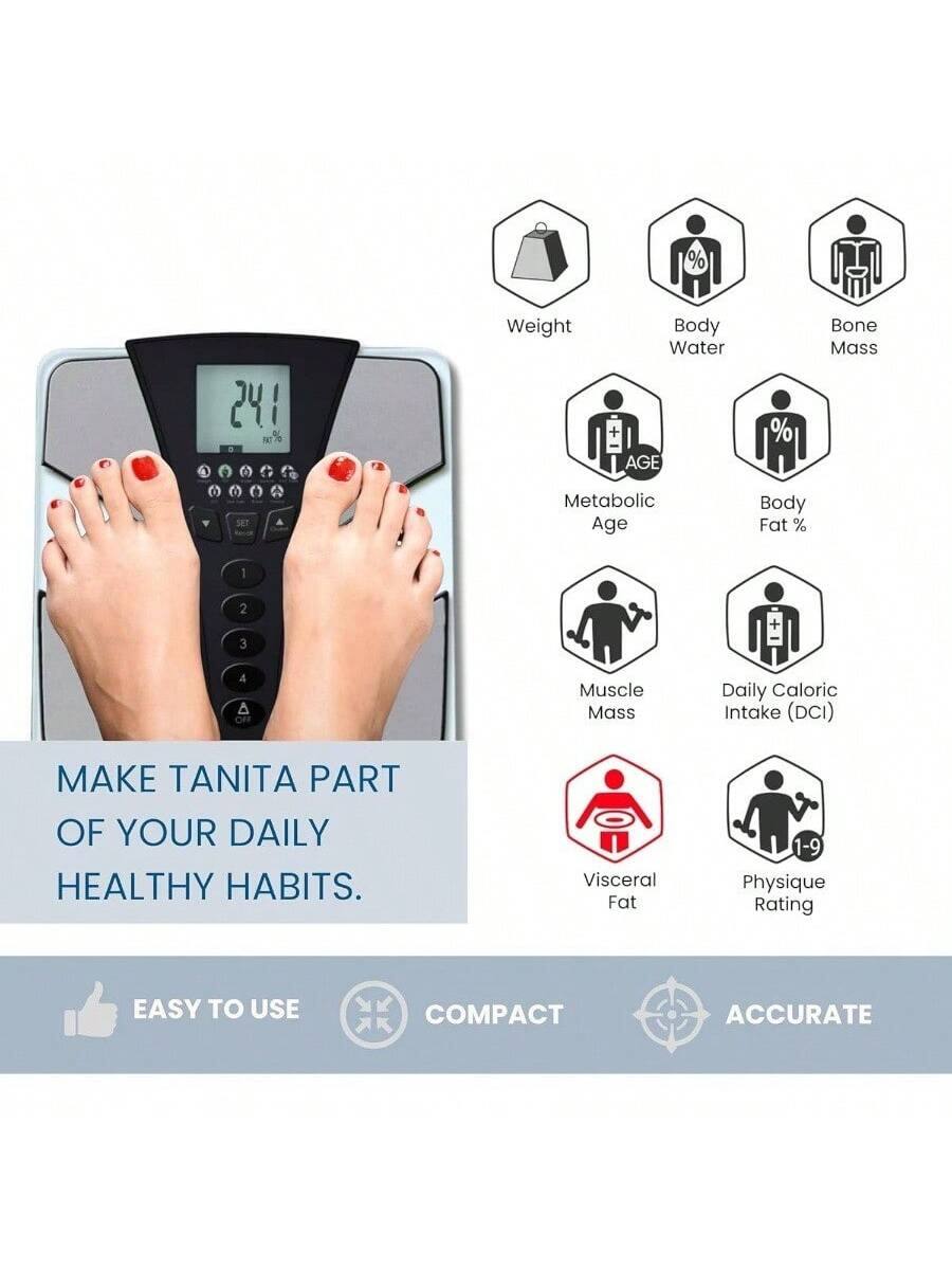 Sure, here is the corrected and grouped text from the image:

---

**MAKE TANITA PART OF YOUR DAILY HEALTHY HABITS.**

- Weight
- Body Water
- Bone Mass
- Metabolic Age
- Body Fat %
- Muscle Mass
- Daily Caloric Intake (DCI)
- Visceral Fat
- Physique Rating

**EASY TO USE COMPACT ACCURATE**

---

This text highlights the features and benefits of the Tanita scale, encouraging users to incorporate it into their daily health routines.