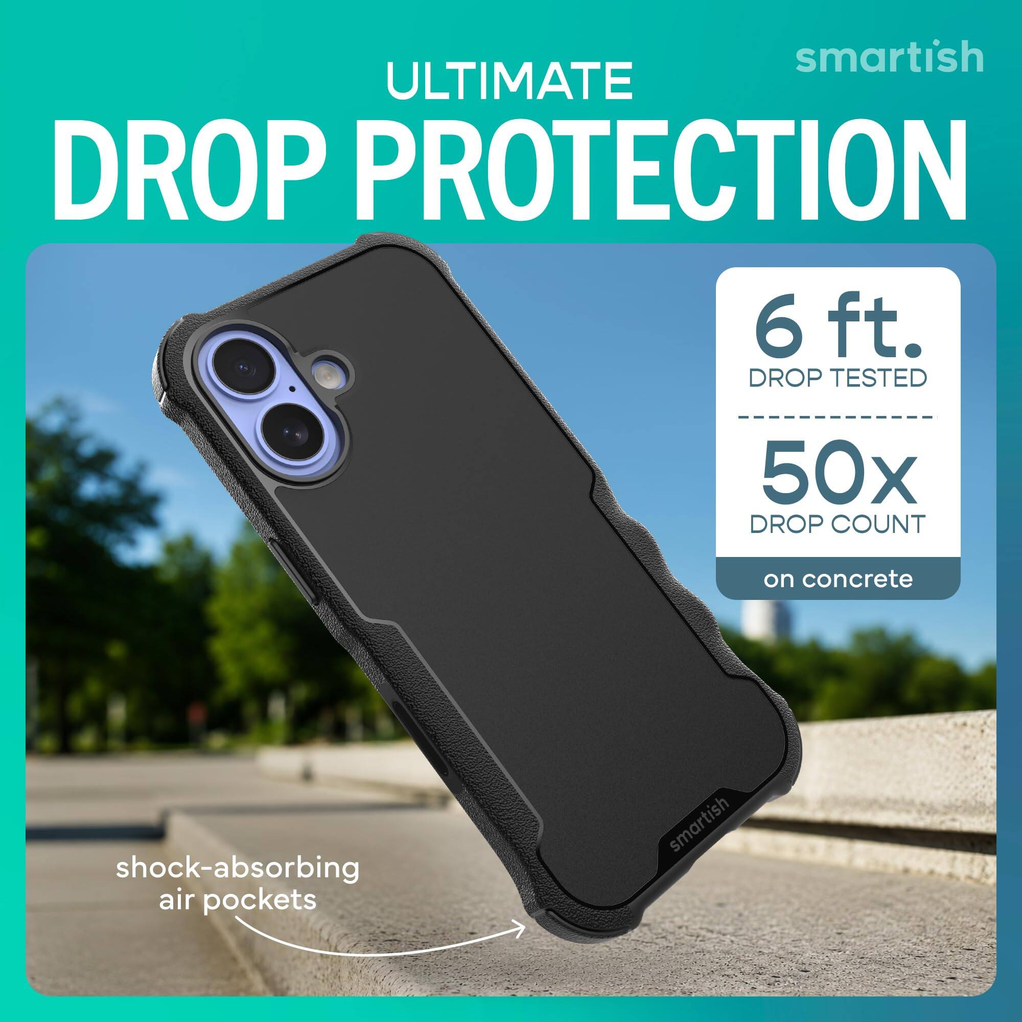 smartish ULTIMATE DROP PROTECTION  
6 ft. DROP TESTED  
50x DROP COUNT  
on concrete  
shock-absorbing air pockets  
smartish