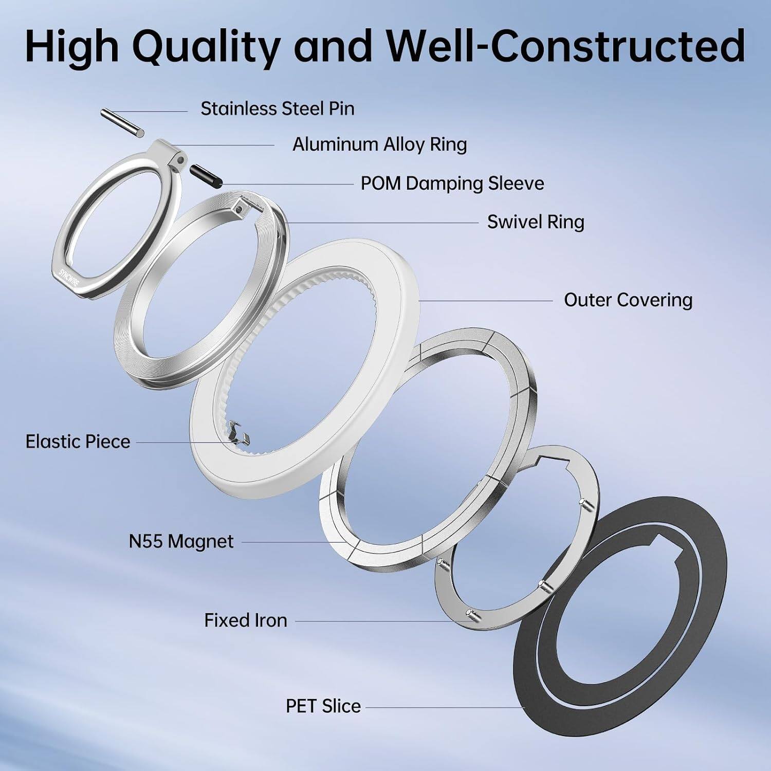 High Quality and Well-Constructed

- Stainless Steel Pin
- Aluminum Alloy Ring
- POM Damping Sleeve
- Swivel Ring
- Outer Covering
- Elastic Piece
- N55 Magnet
- Fixed Iron
- PET Slice