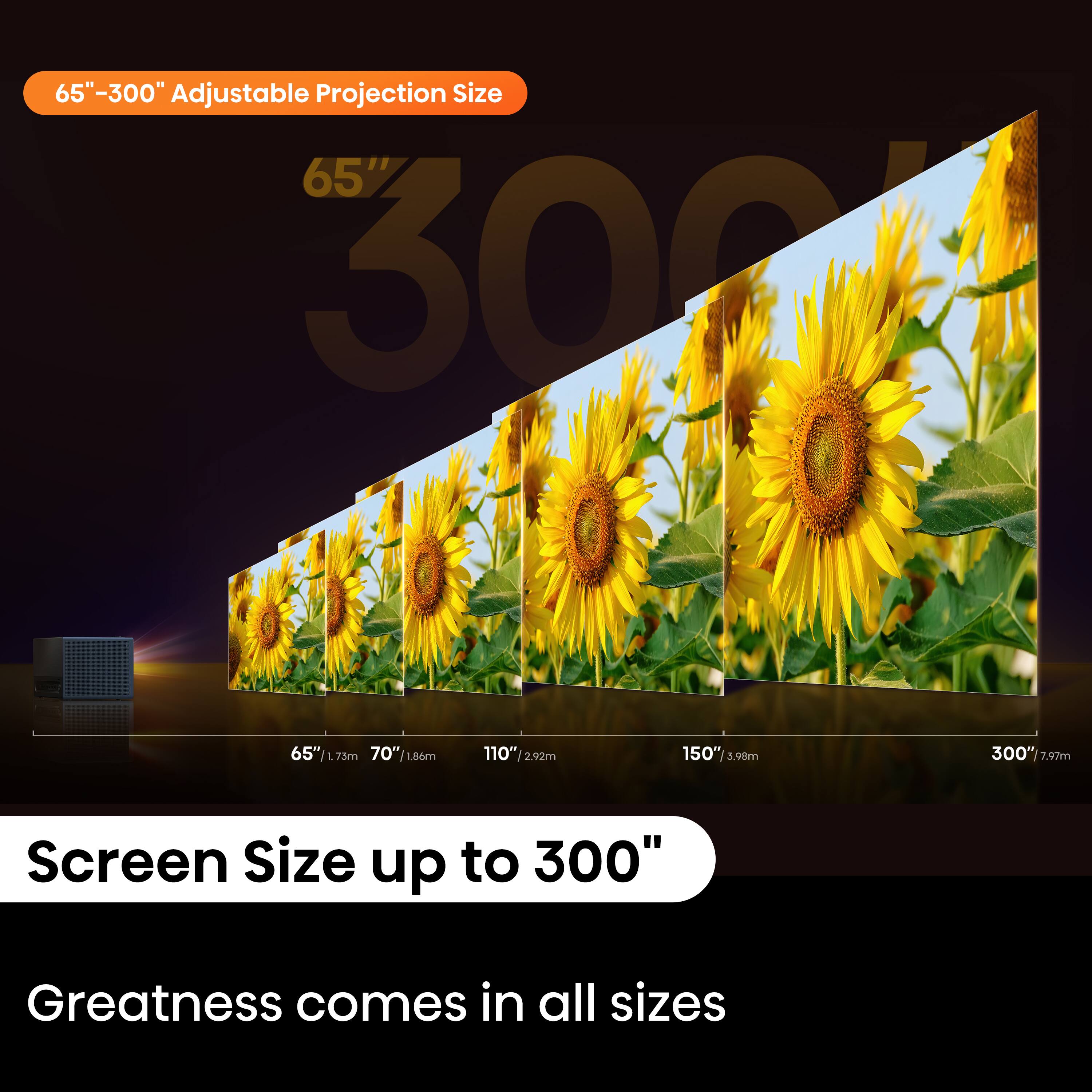 The text on the image is grouped and corrected as follows:
65" 65"-300" Adjustable Projection Size
65" 300"
65" L73m
70" J"/1som
8Am
110" 2.92m
150" 3.9m
300" 7.97m
Screen Size up to 300"
Greatness comes in all sizes
