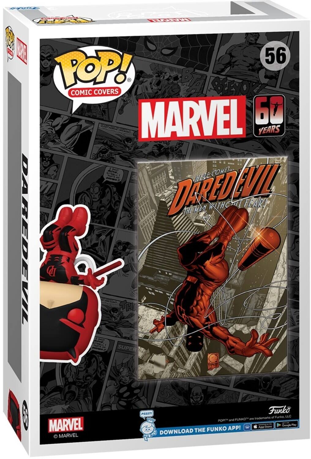 Sure, here is the corrected and grouped text from the image:

---

**POP! Comic Covers**

**MARVEL 60 YEARS**

**DAREDEVIL**  
**THE MAN WITHOUT FEAR!**

**56**

**Funko**  
*POP!* and FUNKO are trademarks of Funko, LLC

**DOWNLOAD THE FUNKO APP!**  
App Store | Google Play

**MARVEL**  
© MARVEL

**PSST!**  
[Logo]

---

This text is organized to reflect the information and branding present on the packaging.