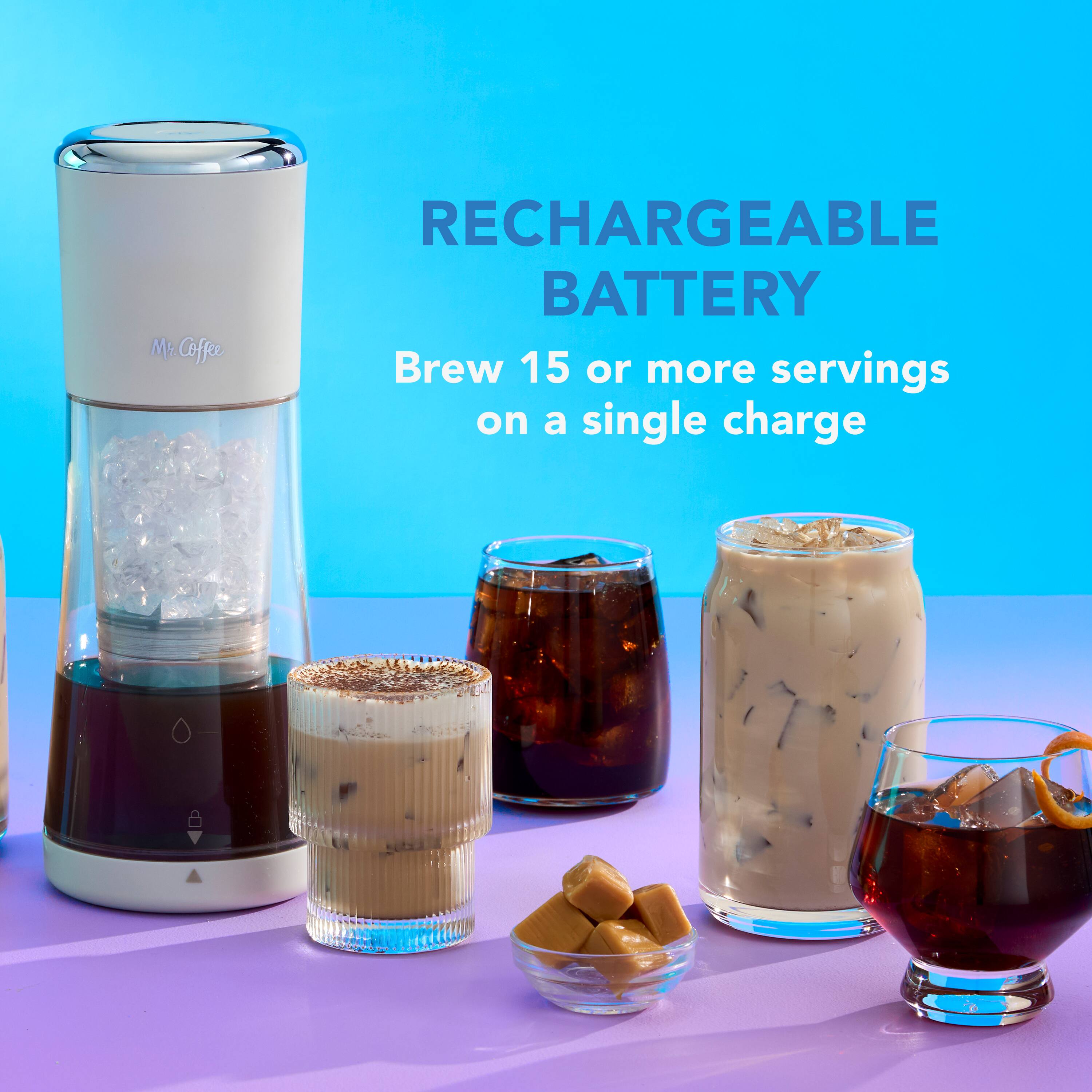 Mr Coffee RECHARGEABLE BATTERY  
Brew 15 or more servings on a single charge