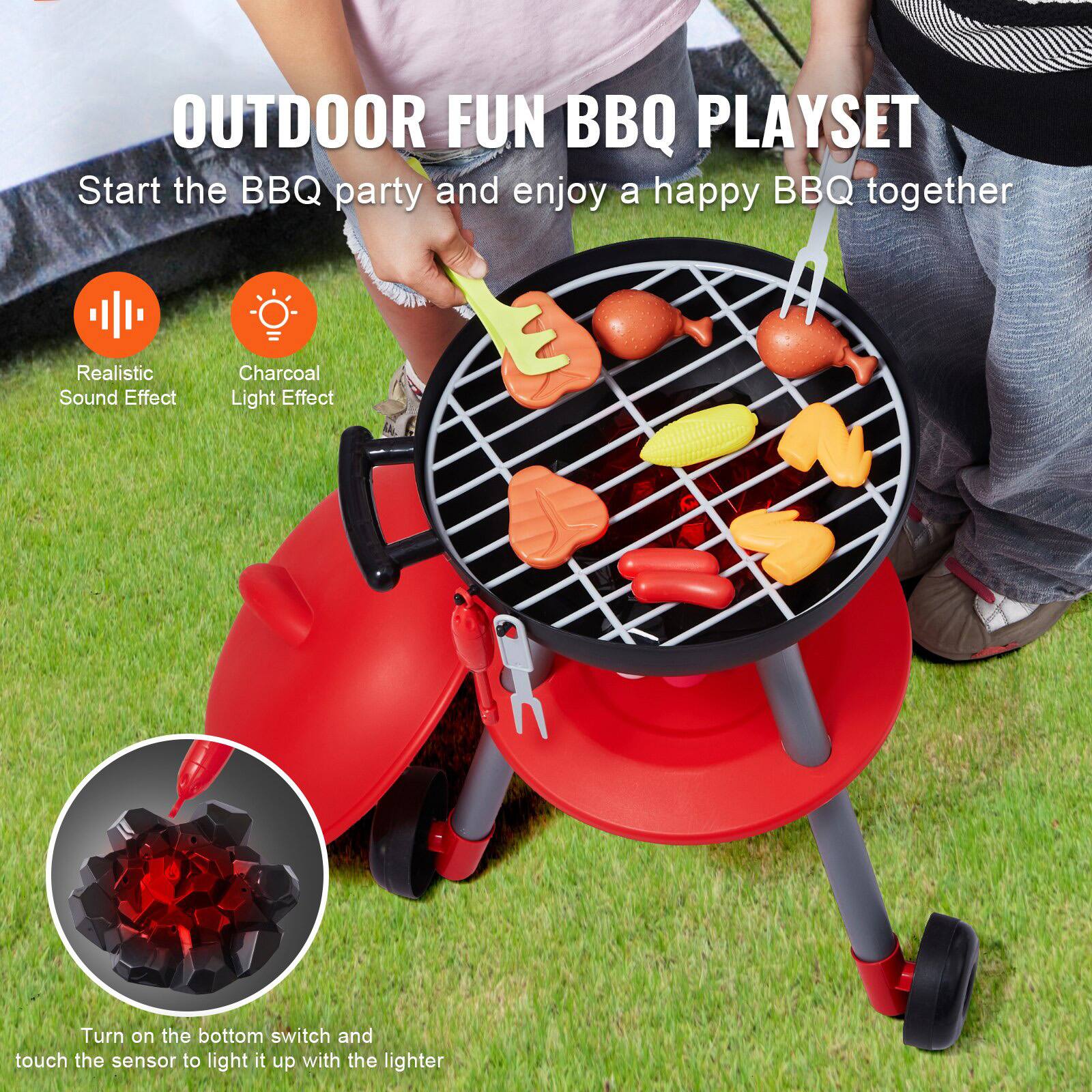 OUTDOOR FUN BBQ PLAYSET

Start the BBQ party and enjoy a happy BBQ together

- Realistic Sound Effect
- Charcoal Light Effect

Turn on the bottom switch and touch the sensor to light it up with the lighter