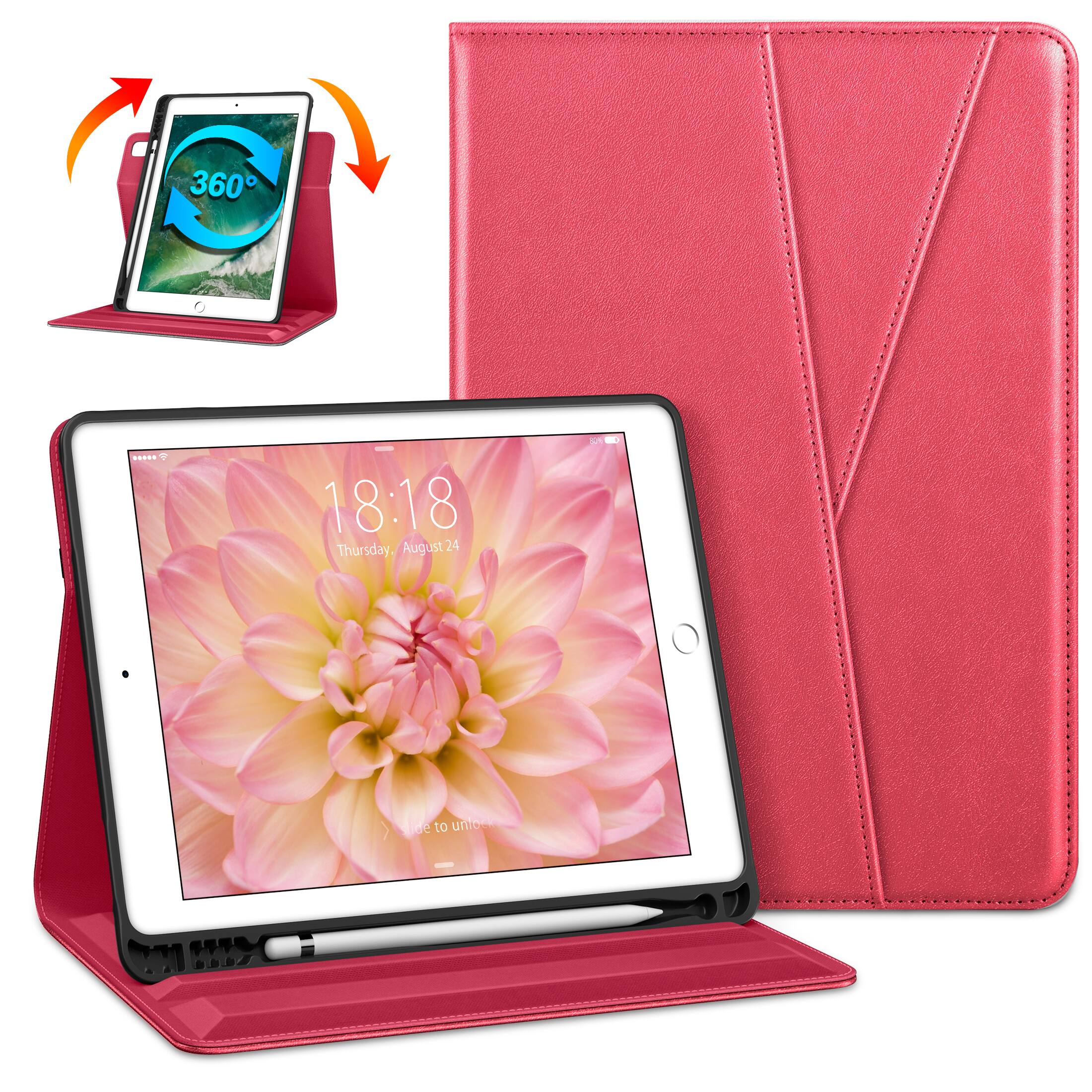 DTTO - Case for iPad 6/5 & Air 2/1 9.7" - 360° Rotating Leather Folio Stand with Pencil Holder & Auto Wake/Sleep - Watermelon Red