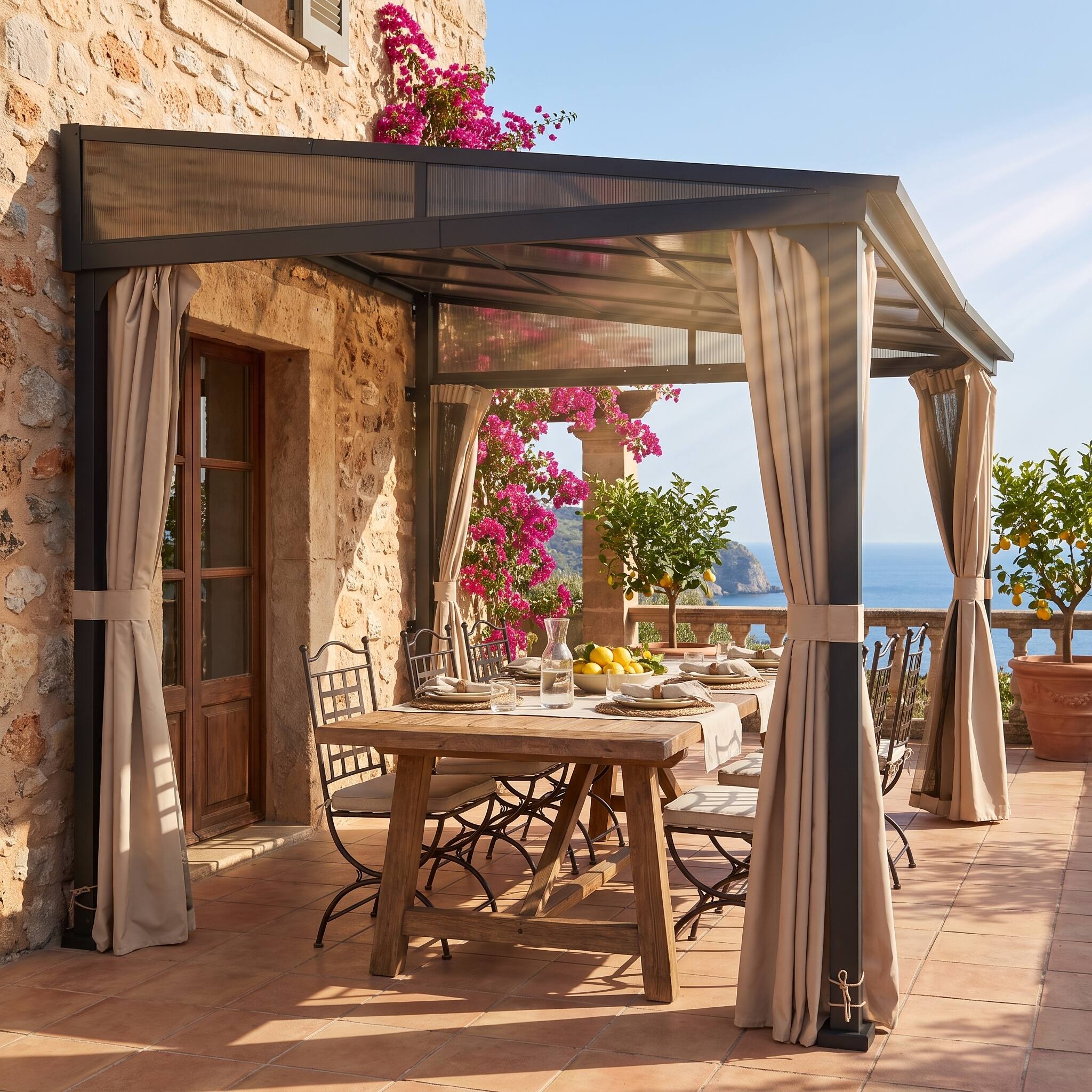 Angle. SUNJOY - Sunjoy 10x12 ft Wall Mounted Gazebo with PC-Roof, Black Aluminum & Metal Frame Lean to Gazebo with Curtains and Netting - 10*12 Polycarbonate Roof.