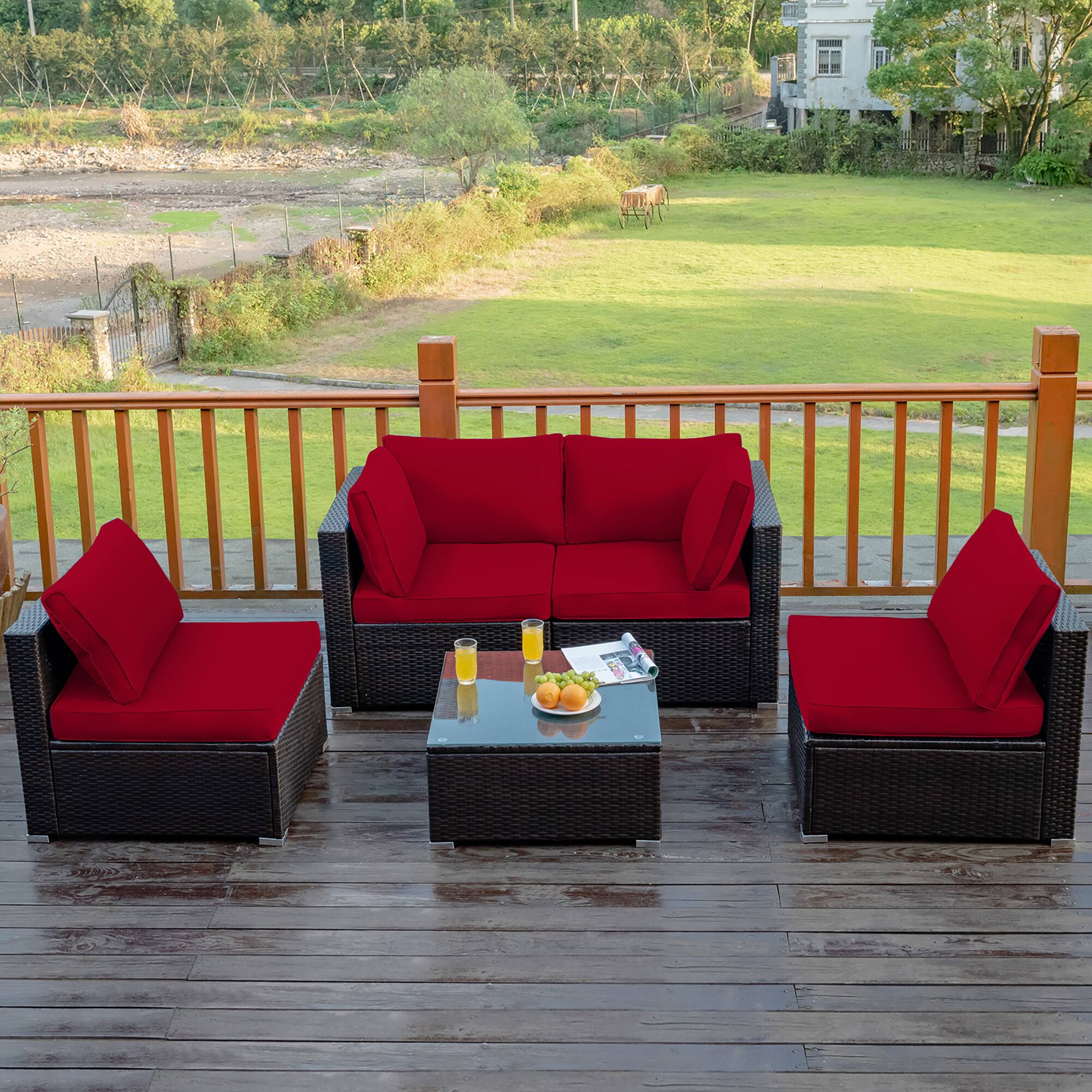 Alt View 4. Costway - 5PCS Patio Rattan Furniture Set Cushioned Sofa Chair Coffee Table - Red.