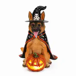 RYHNUYNE - Halloween German Shepherd Dog Statue with Witch Hat and Cape Paired with LED Pumpkin Lantern for Spooky Porch Decor - Yellow